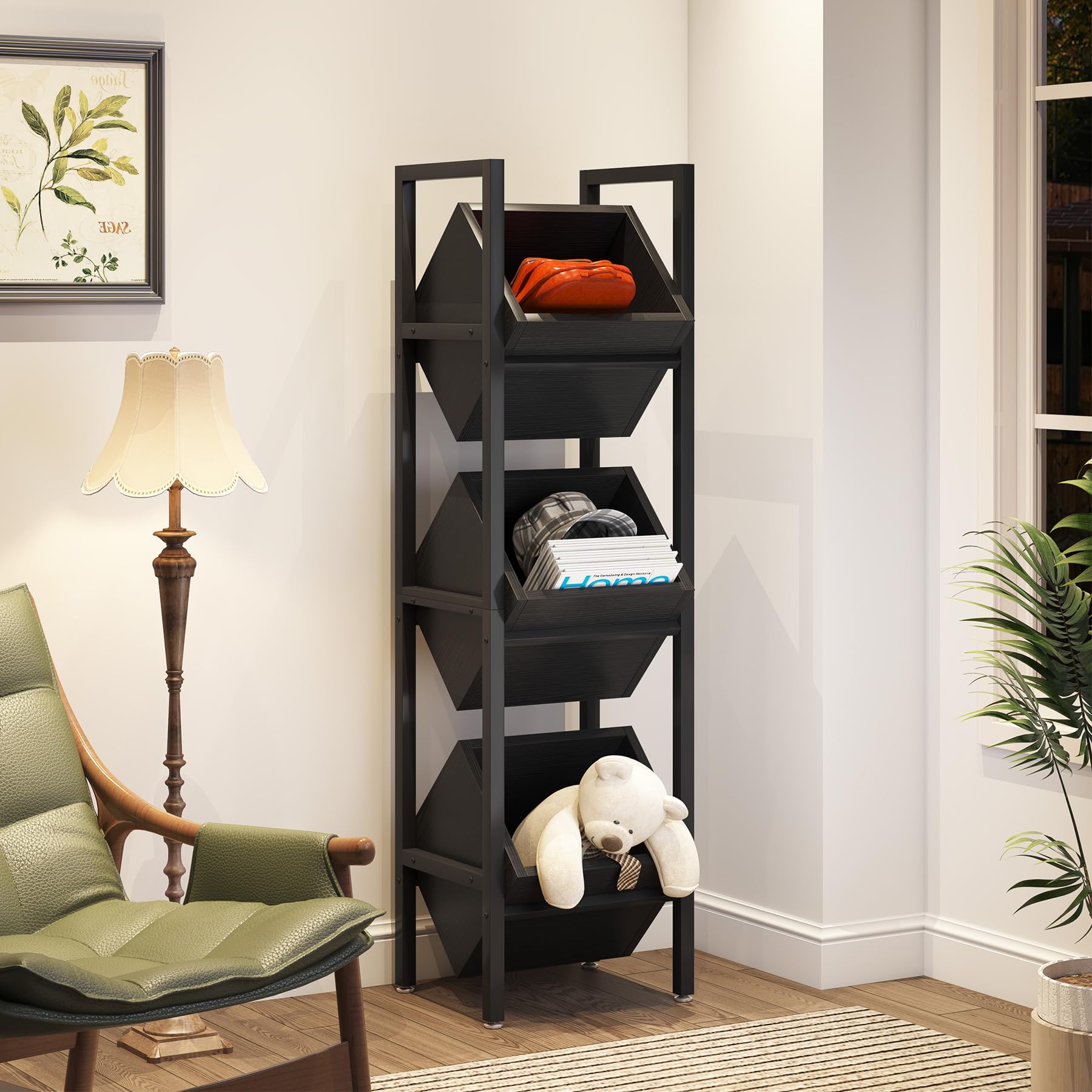 Tribesigns 3-Tier Wooden Basket Stand - Rustic Vertical Storage Organizer with Baskets for Kitchen, Bathroom & Living Room - Perfect for Fruits, Snacks, Towels & Home Decor (Black)