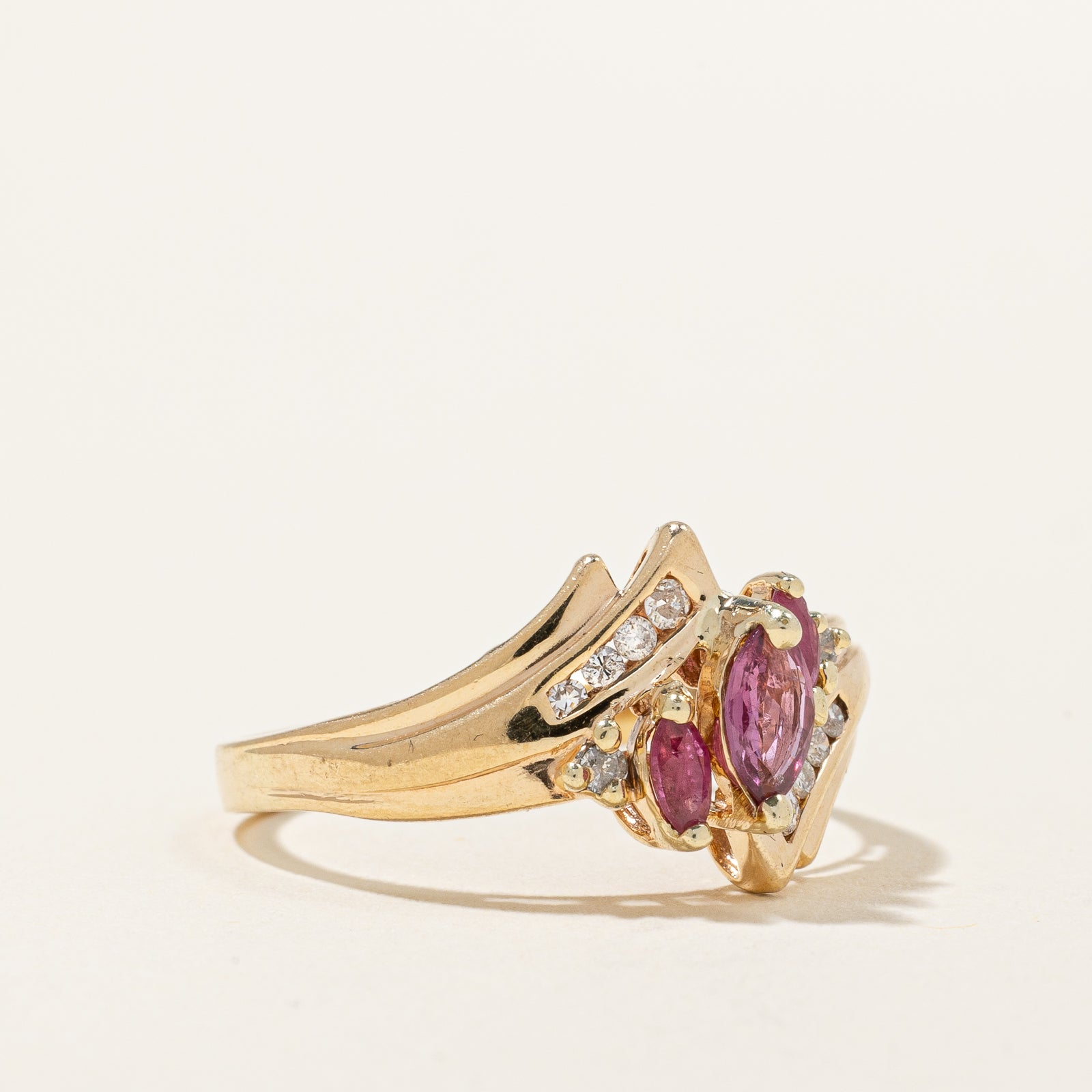 Exquisite Marquise Cut Ruby & Diamond Bypass Ring - 0.36ctw Ruby & 0.08ctw Diamonds - Size 7.5 - Elegant Vintage Jewelry for Engagement, Anniversary & Special Occasions