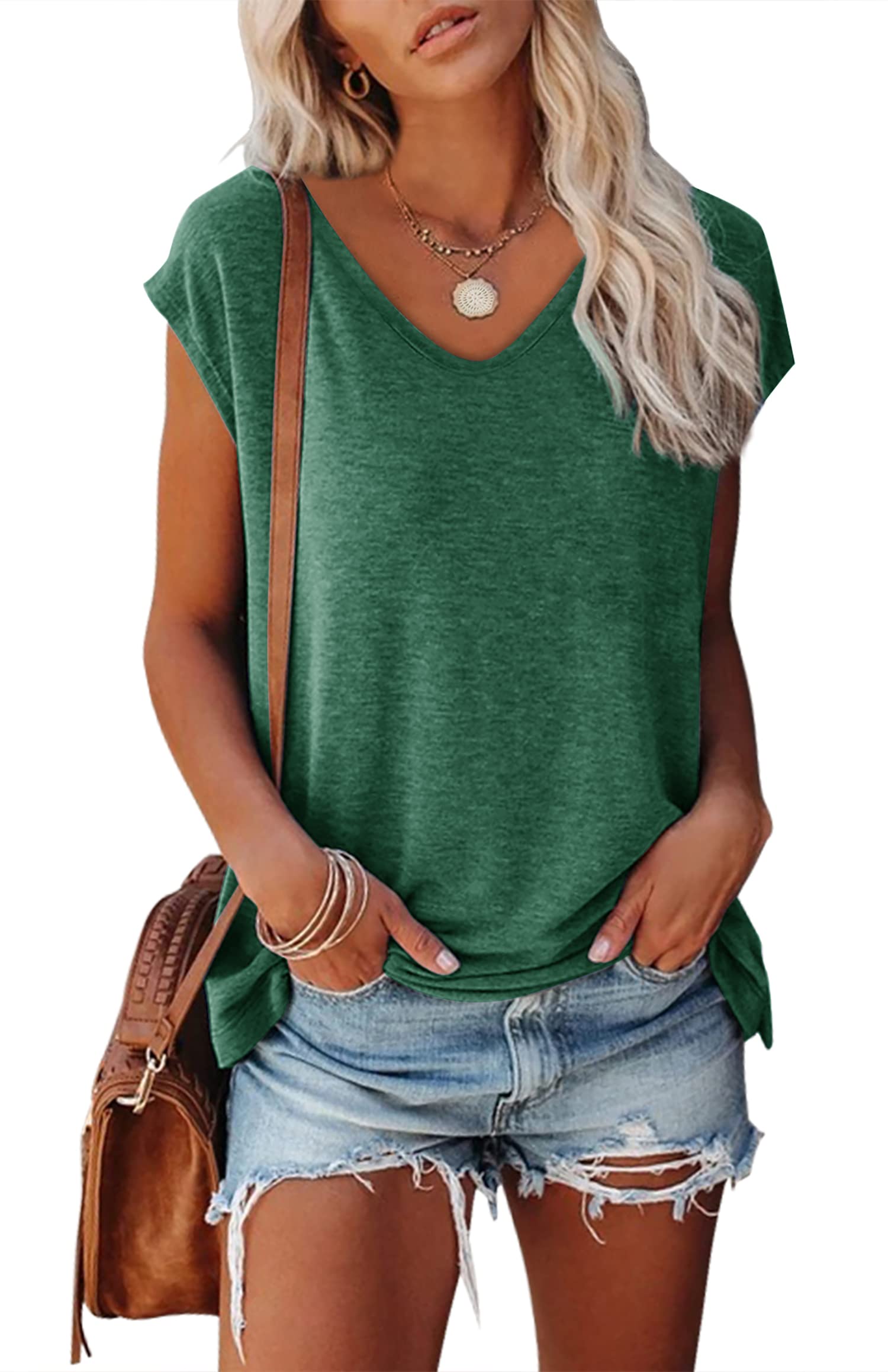 IFJIM Women's Cap Sleeve V-Neck Solid Color Casual Blouse - Breathable Summer Tops for Work, Travel & Everyday Wear