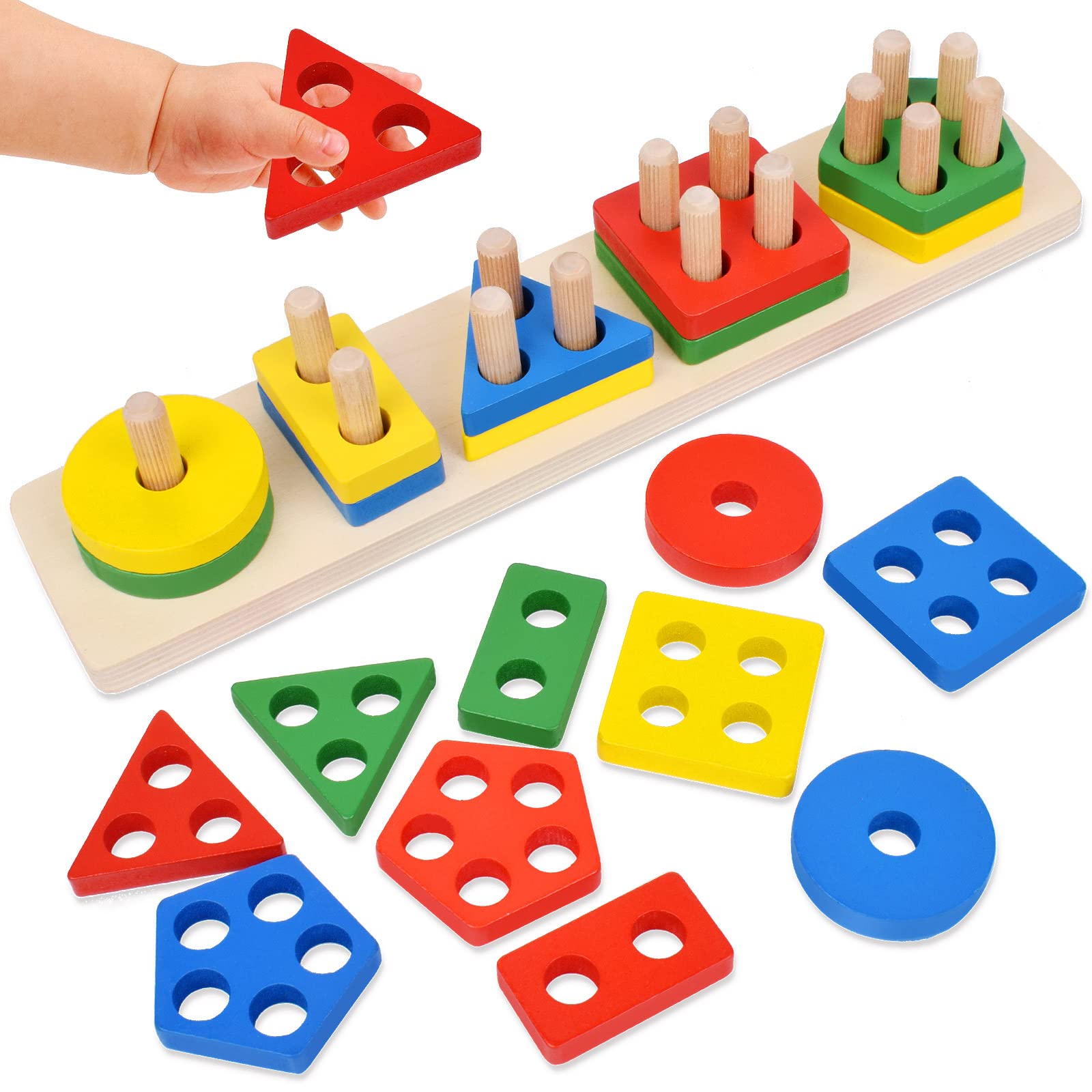 Montessori Wooden Sorting & Stacking Toys for Toddlers 1-3 Years Old - Educational Shape Sorter, Color Recognition Learning Blocks - Perfect for Preschool Classroom, Daycare & Home Playtime