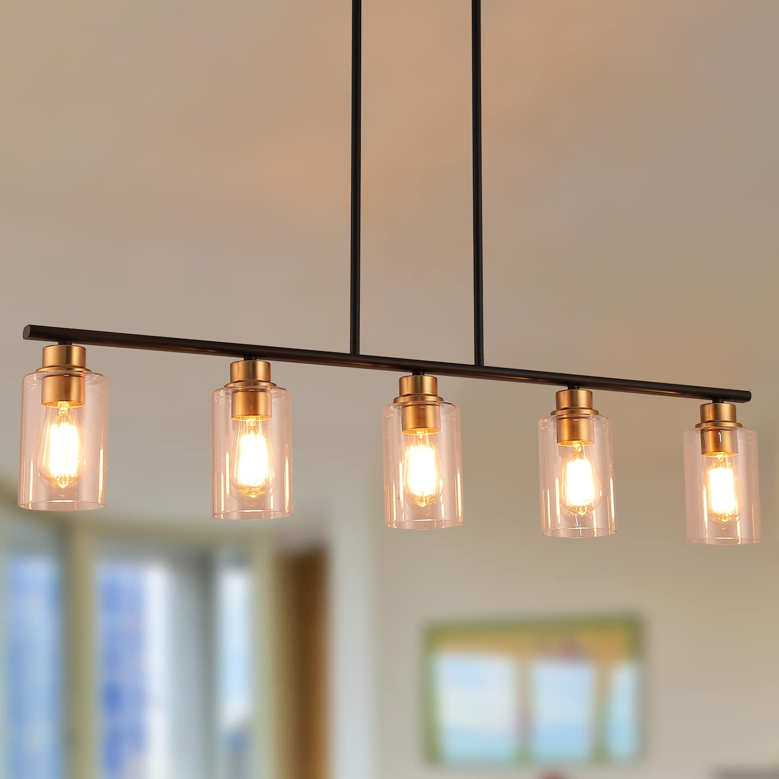 5-Light Farmhouse Industrial Pendant Lighting for Kitchen Island - Matte Black & Gold with Clear Glass Shade - Perfect for Dining Room, Living Room & Kitchen Decor