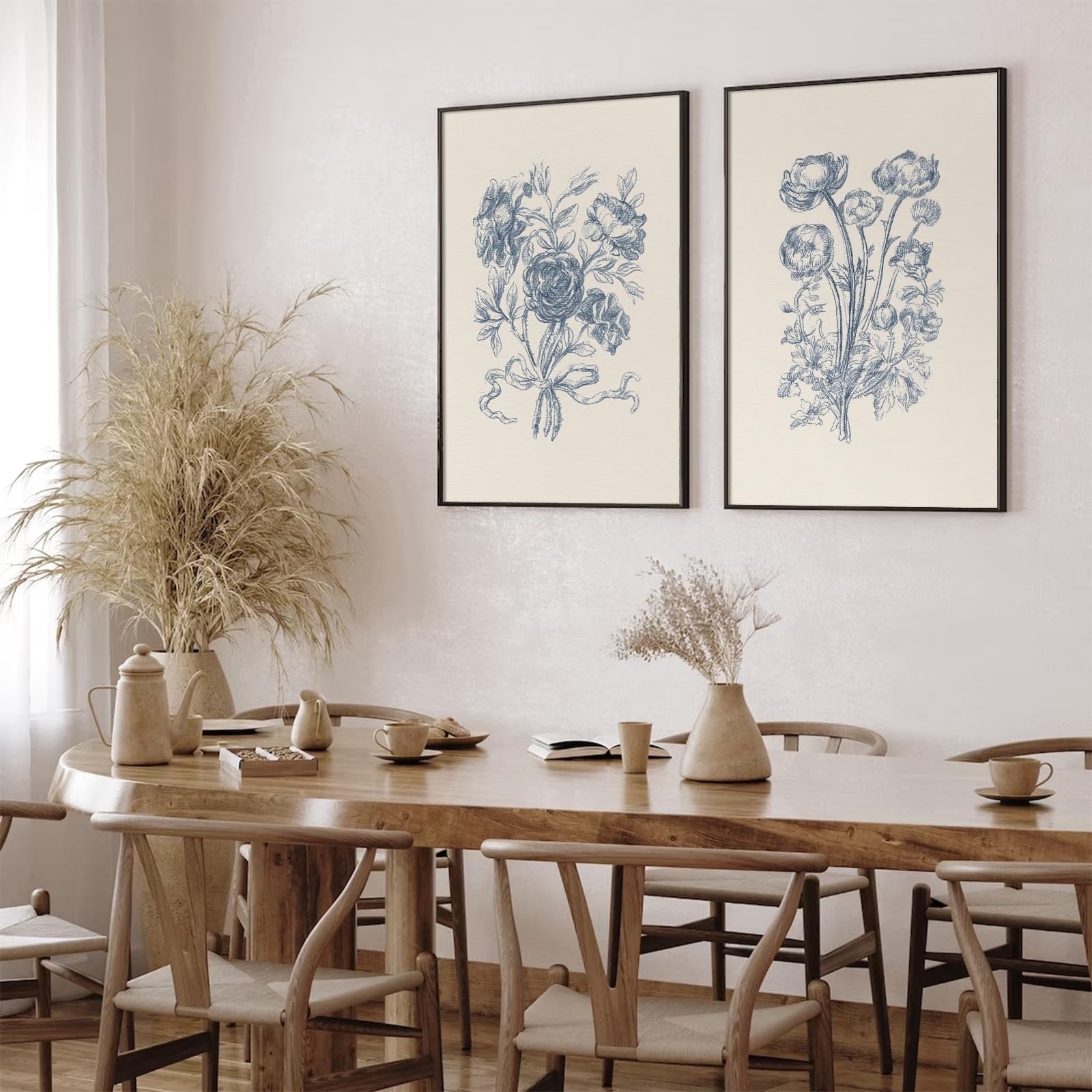 Vintage Blue Floral Wall Art Set of 2 - 12x16 Inch Unframed Boho Botanical Canvas Prints, Minimalist Flower Posters for Bedroom, Bathroom & Living Room Decor | Perfect for Farmhouse, Rustic or Scandinavian Style Homes