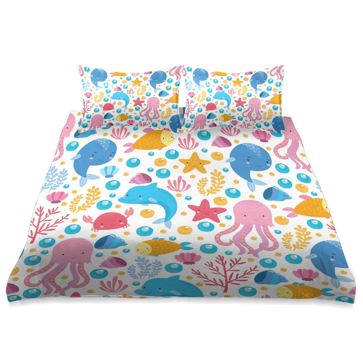 Underwater World Queen Size Comforter Set - Fish, Dolphin, Crab, Seaweed, Coral, Starfish & Seashells Design - All Season Soft & Comfortable Bedding Cover 90x90 Inches - Perfect for Kids' Rooms, Beach Themed Decor & Ocean Lovers