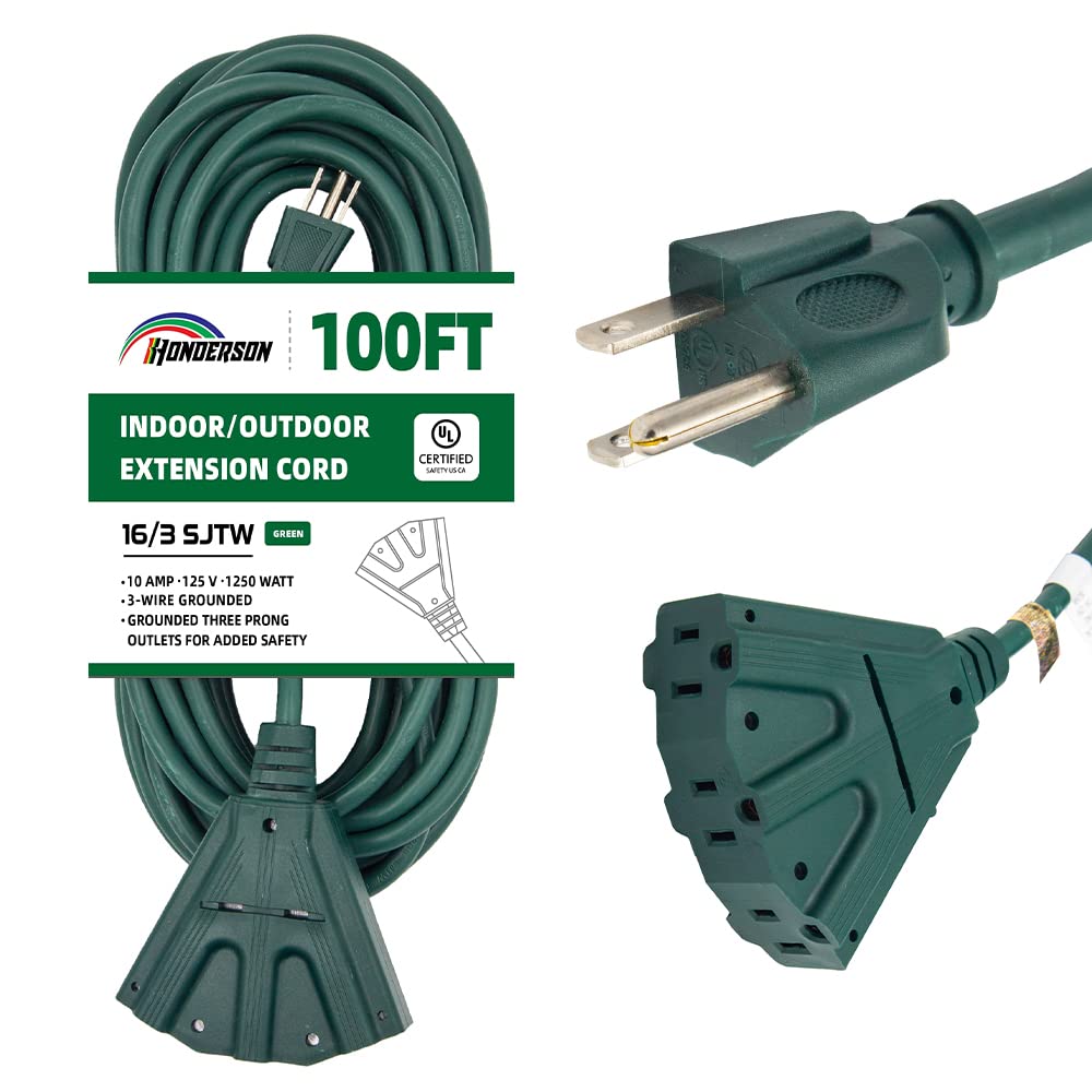 HONDERSON 100FT Heavy Duty Extension Cord - 3 Outlet Weatherproof Power Cord, 16 Gauge SJTW, UL Listed for Indoor & Outdoor Use - Perfect for Workshops, Garden, and Home Appliances