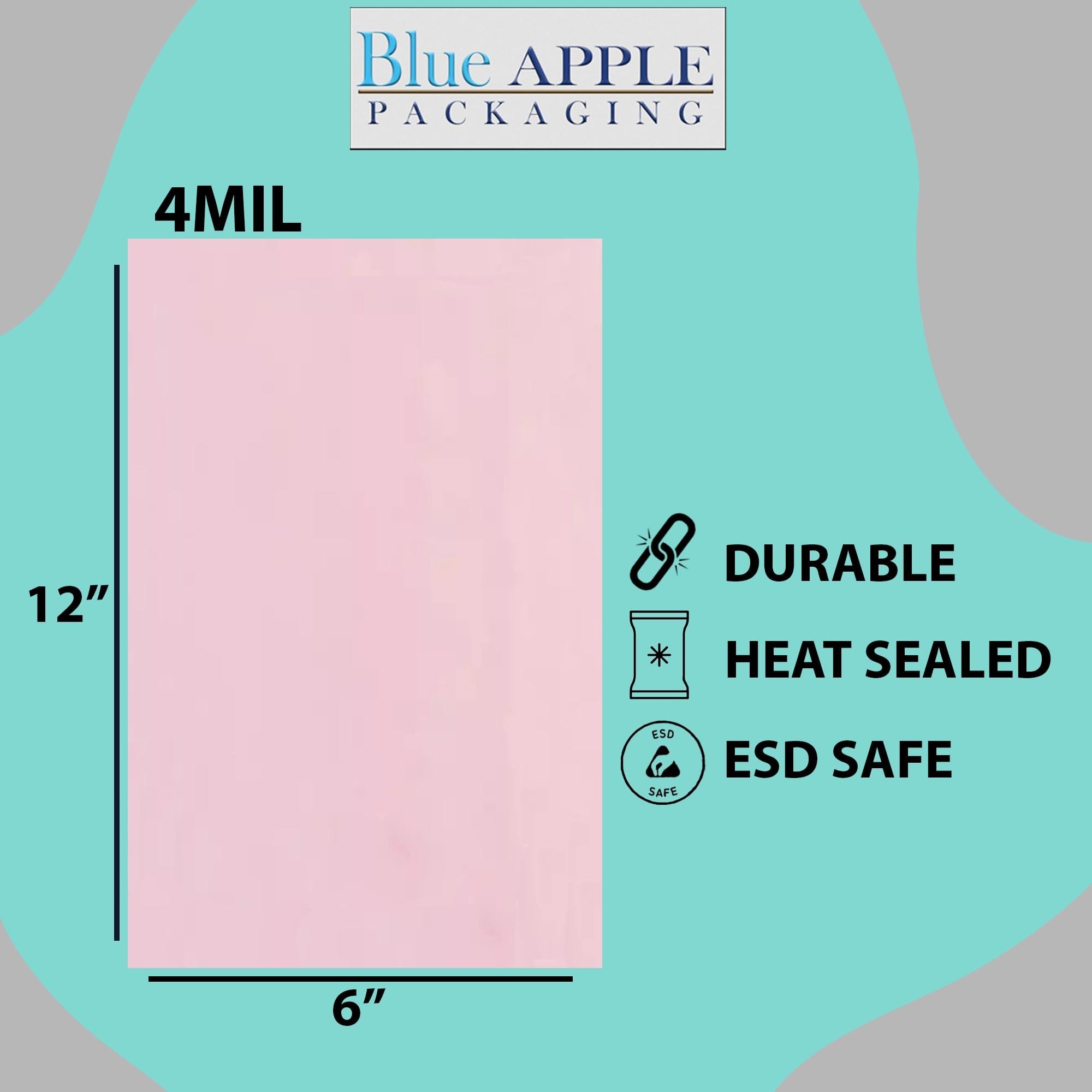 Pink Anti-Static Plastic Flat Bags 6x12 Inches (100 Pack) - 4 Mil Heavy Duty Heat Sealable Packaging Bags for Small Business, Electronics & Craft Supplies | ESD Safe Storage & Shipping Solution