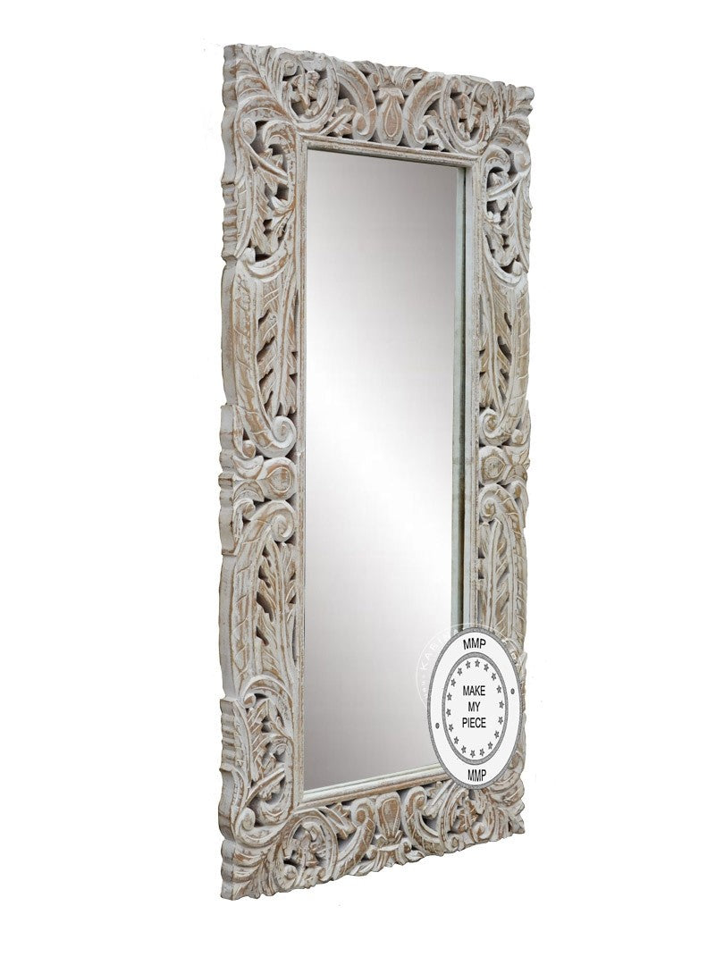 Hand Carved Mirror in White - 60x120 Inches Elegant Wooden Frame - Perfect for Bedroom, Living Room, or Entryway Decor