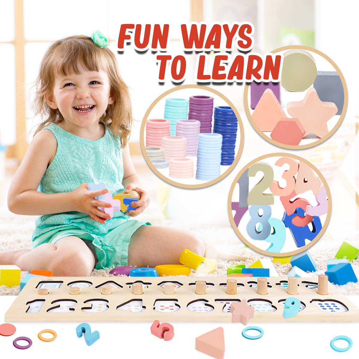 Montessori Wooden Shape & Number Puzzle Blocks - Educational Preschool Learning Toys for Boys & Girls | CozyBomB Macaron Color | Perfect for Homeschooling, Daycare & Early Childhood Development