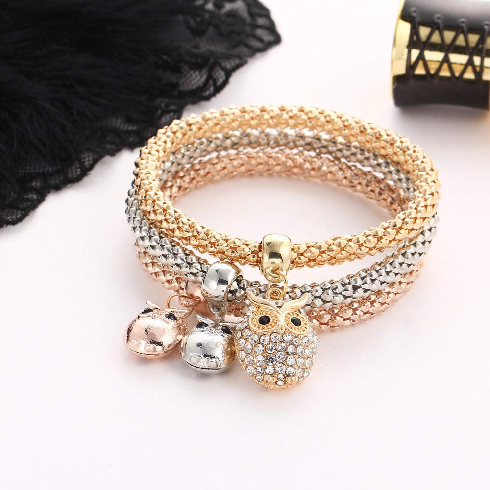 RINHOO 3-Piece Friendship Bracelet Set - Gold, Silver & Rose Gold Corn Chain Crystal Stretch Bracelets for Women | Layered Charm Jewelry for Everyday Wear, Gifts & Special Occasions