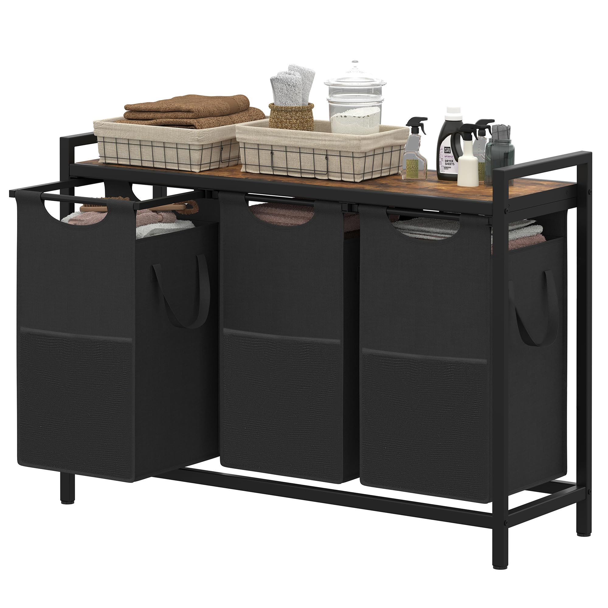 Heybly 3-Pack 12.5 Gallon Laundry Hampers with Large Desktop Sorter - Foldable Laundry Baskets for Bedroom, Bathroom & Dorm Organization - Rustic Storage Shelf Bins for Clothes, Toys & Home Decor (HLH003SR)
