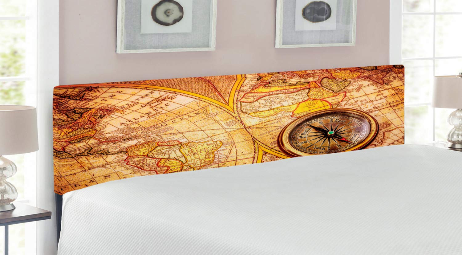 Ambesonne Antique Upholstered Headboard - Vintage World Map with Compass Design, King Size Metal Bed Frame with Memory Foam Padding in Yellow-Orange | Perfect for Historic & Nautical Themed Bedrooms, Guest Rooms or Luxury Hotel Decor