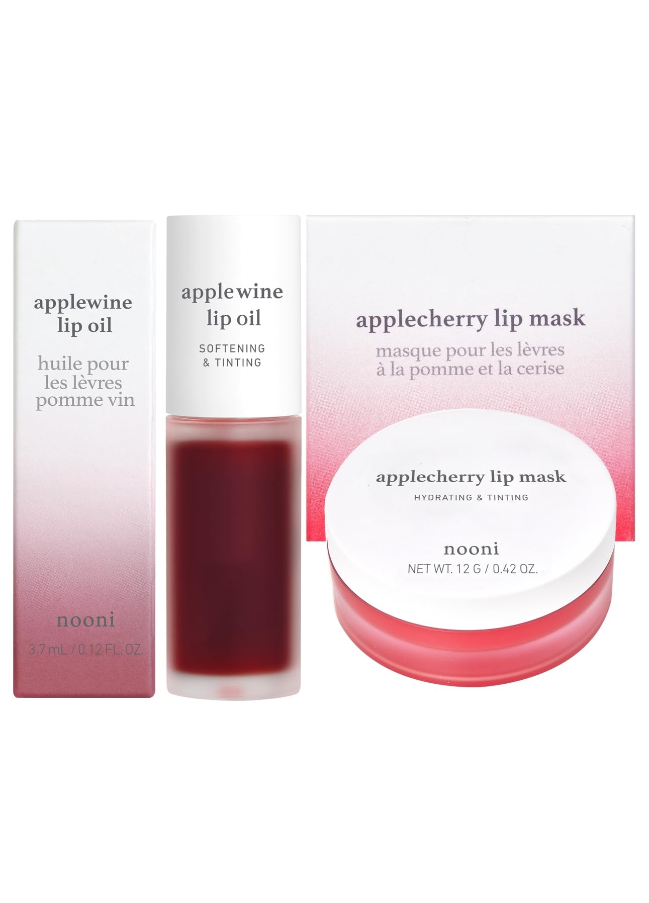 NOONI Korean Vegan Lip Oil - Applewine Flavor, 0.12 Fl. Oz + Korean Lip Butter Melting Balm (Apple Cherry) Lip Mask Set for Dry, Chapped Lips | Hydrating Lip Care Bundle for Day & Night Use