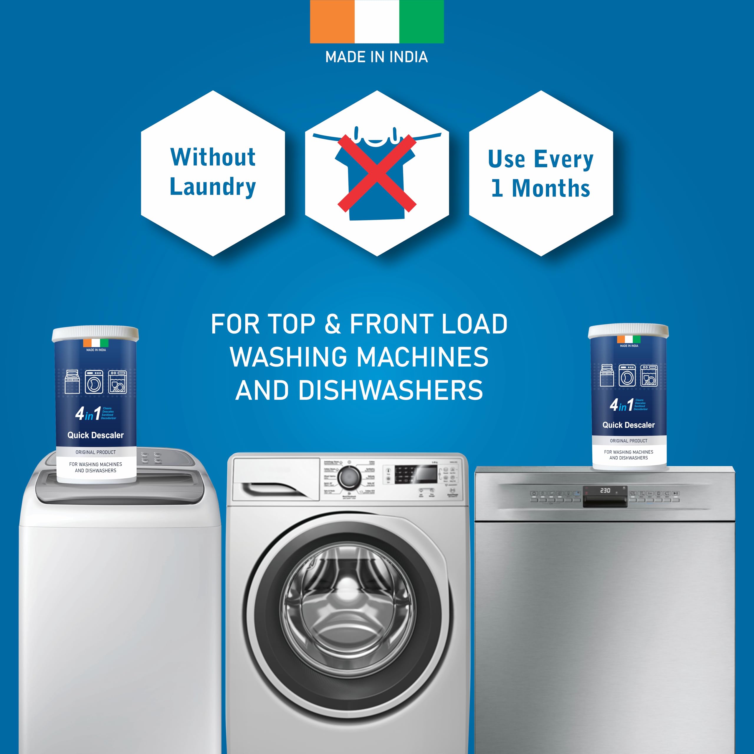 Washing Machine Descaler & Cleaner Powder - Front Load & Top Load Compatible, 250g | Removes Limescale & Odors for Fresh Laundry | Ideal for HE, LG, Samsung, Whirlpool Machines