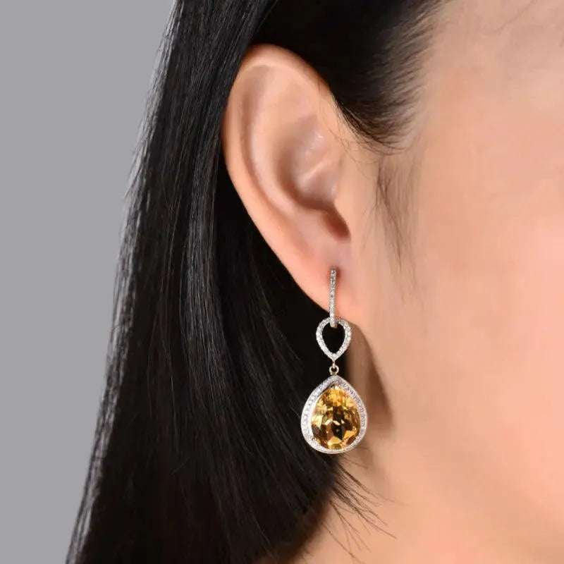 14KT Yellow Gold Natural Citrine Diamond Drop Earrings for Women - Elegant Dangle Earrings for Anniversary, Birthday & Special Occasions
