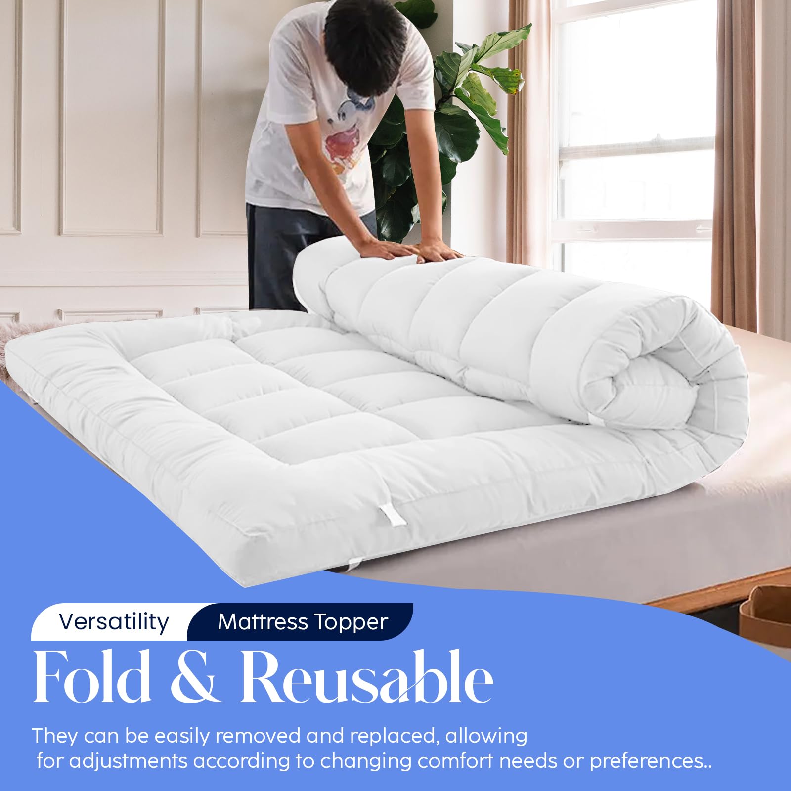 Premium 10CM Extra Thick Double Mattress Topper - 1000GSM Hypoallergenic Fiber Filling with Elastic Straps & Deep Pocket - Queen/King Size Bed Topper for Ultimate Comfort - Perfect for Guest Beds, Dorm Rooms & Home Use