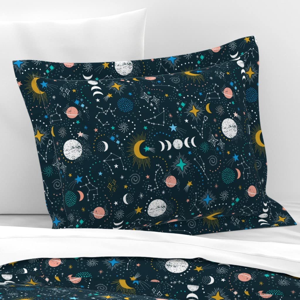 Night Sky Astrology Zodiac Sun Sign Cotton Sateen Pillow Sham with Flanged Edge - Solar System Planets & Moon Print Custom Bedding for Home Decor & Gift Ideas
