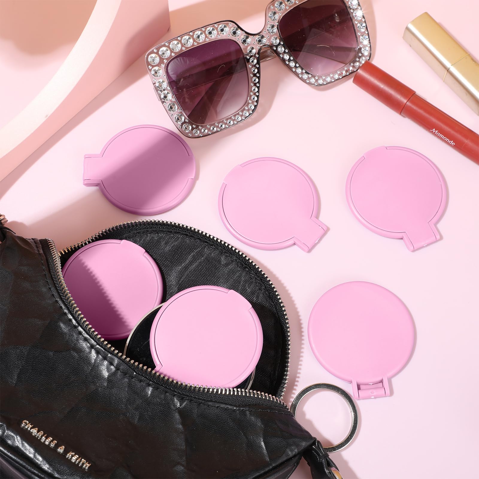 24-Piece Bulk Mini Compact Mirror Set - 2.8 x 2.4 Inch Round Portable Folding Travel Makeup Mirror (Pink) - Perfect for Homeless Shelters, Travel, Gym, Purse & Emergency Kits