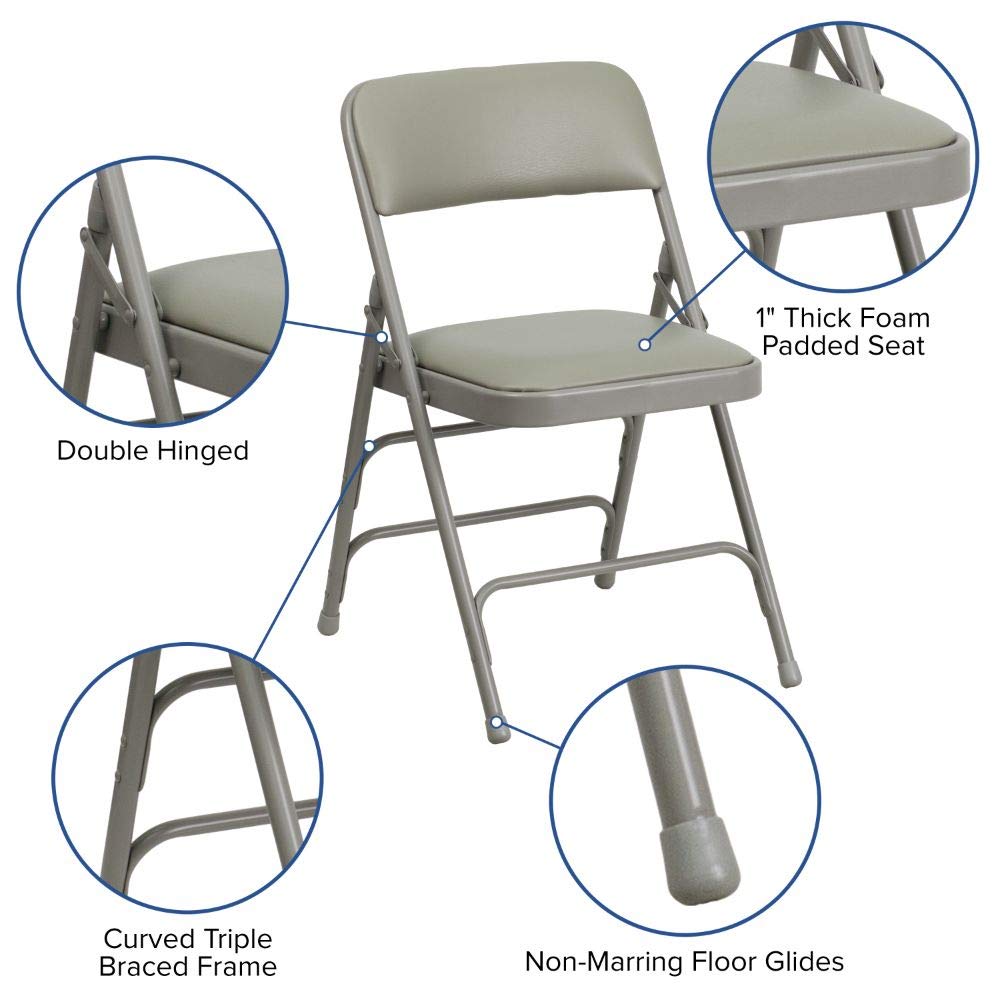 Flash Furniture 4-Pack HERCULES Series Heavy Duty Folding Chairs - Curved Triple Braced Metal Frame & Double Hinged Gray Vinyl Seat - Perfect for Events, Parties, Banquets and Home Use