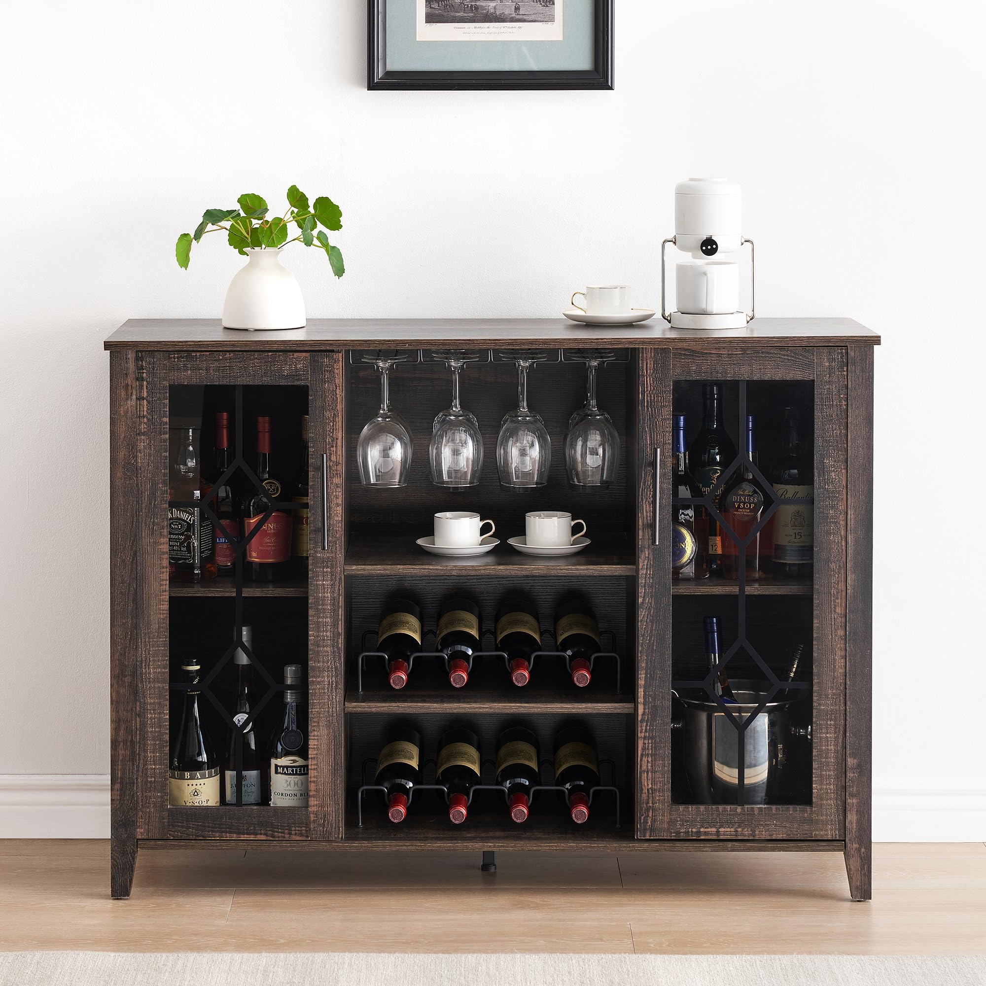 **IDEALHOUSE Wine Bar Cabinet with LED Light - Rustic Oak Kitchen Buffet Sideboard with Wine & Glass Rack, Storage Cabinet for Bar, Dining Room & Home Decor - Perfect for Entertaining & Displaying Liquor Collection**