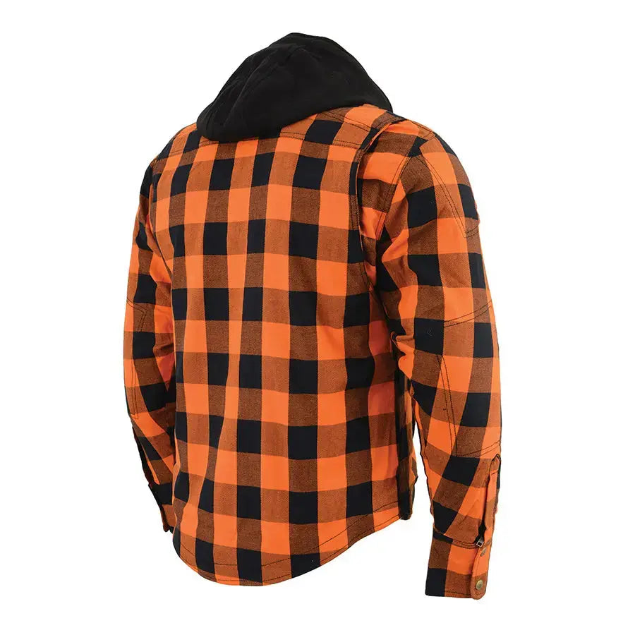 Milwaukee Leather Men's Orange & Black Armored Flannel Biker Shirt with Reinforced Fibers - Durable Motorcycle Riding Gear for Harley Davidson & Cruiser Bikes