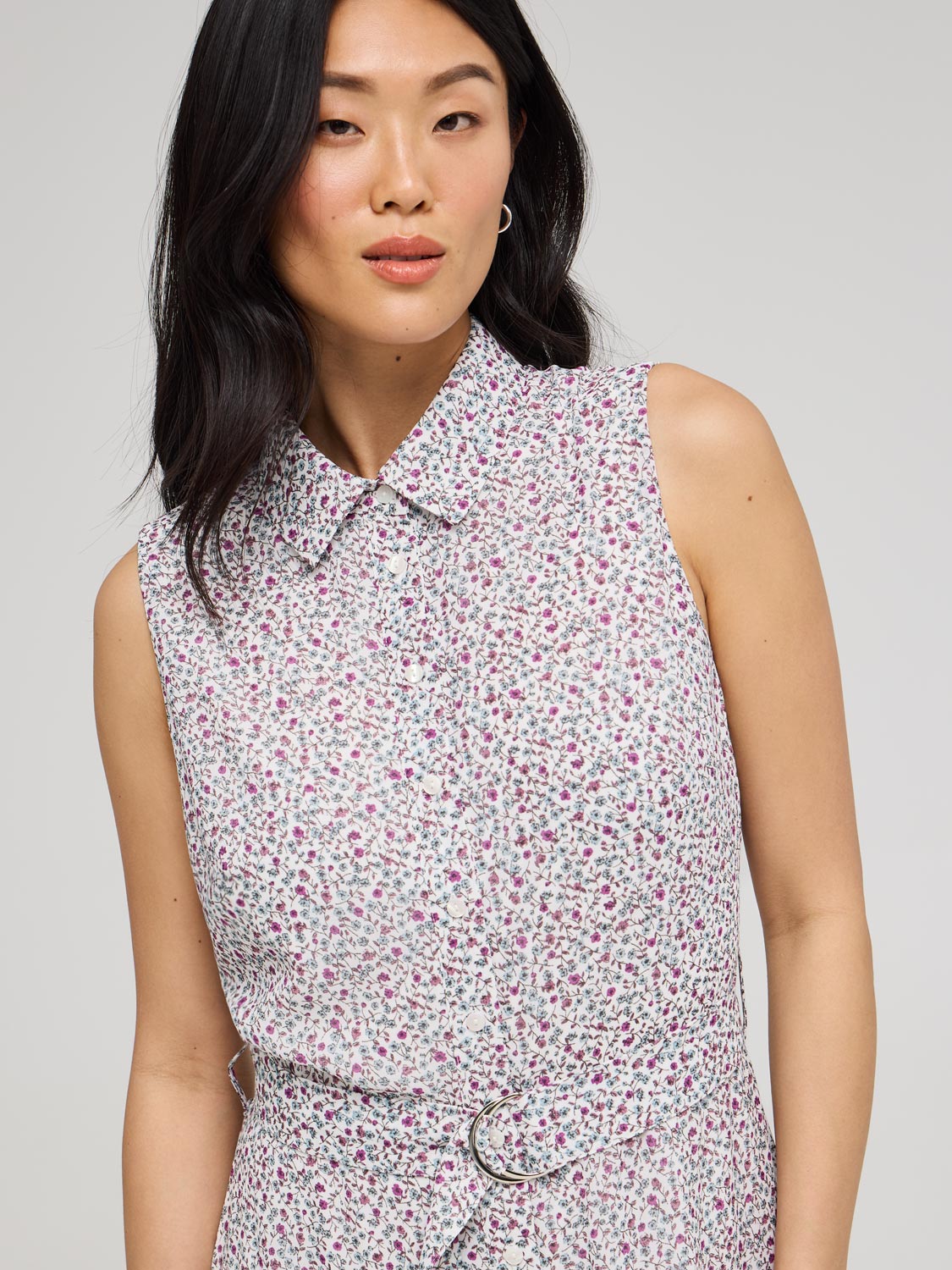 Women's Sleeveless Ditsy Floral Print Chiffon Dress with Button Front - Perfect for Summer Weddings, Garden Parties & Casual Outings