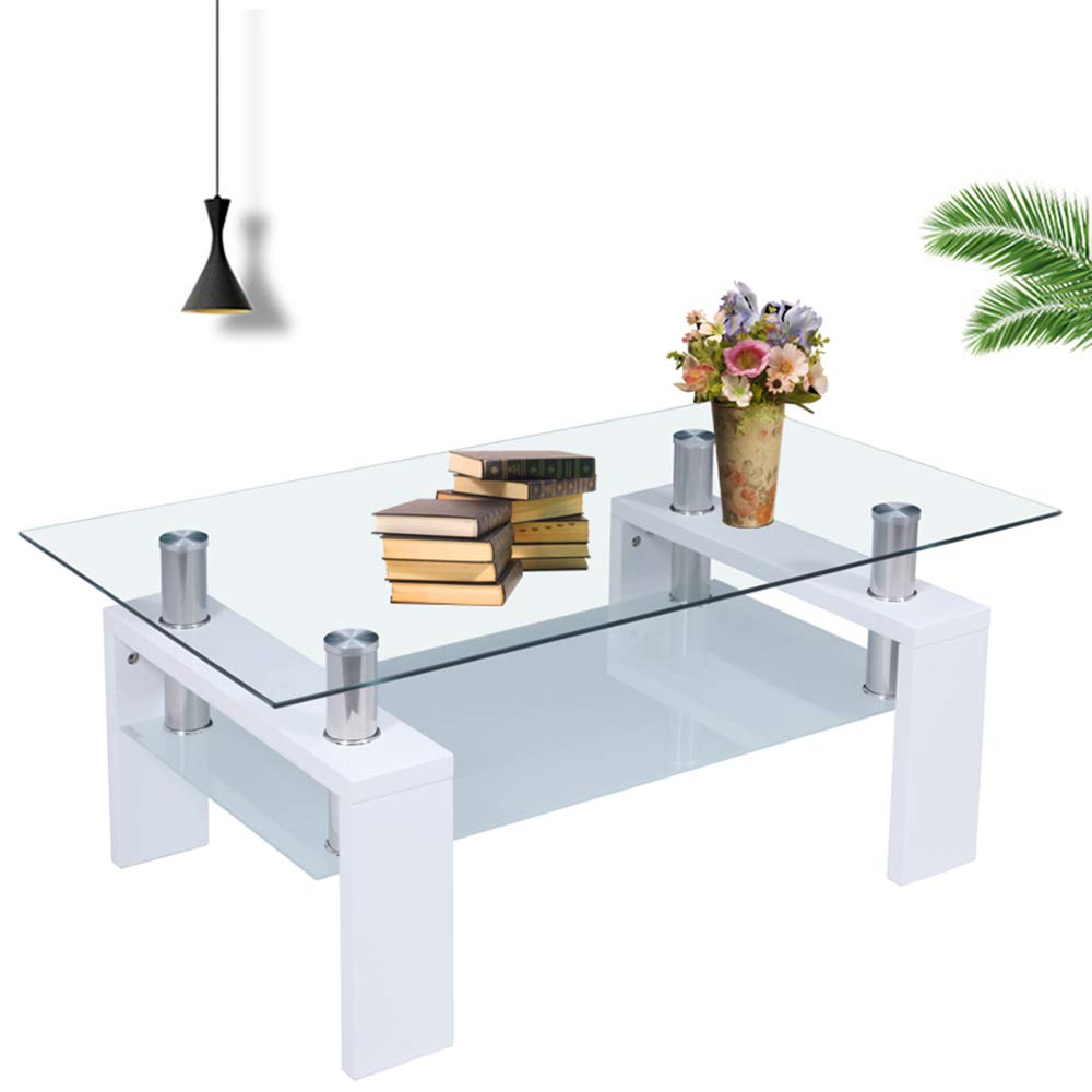 Modern Clear Glass Coffee Table with Wooden Legs & Lower Shelf - Rectangle Living Room Side Table for Home Decor (White) | Perfect for Small Spaces, Apartments & Contemporary Living Rooms