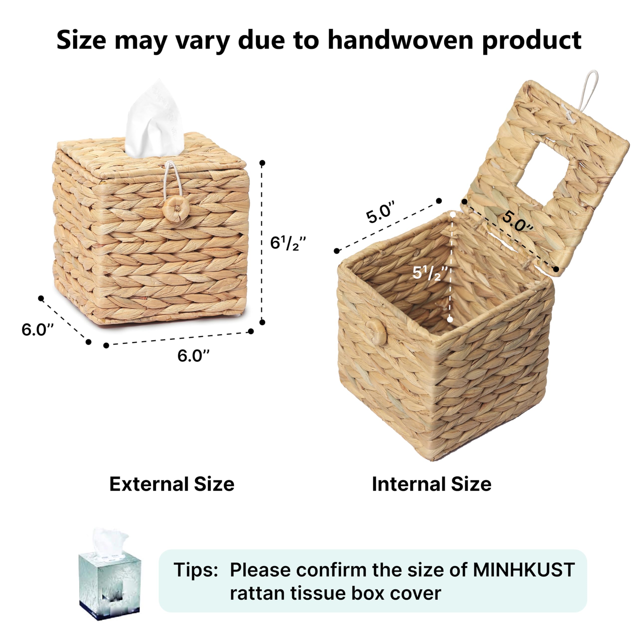 Rattan Wicker Tissue Box Cover with Flip-Open Top - Square Boho Decorative Woven Facial Tissue Holder for Bathroom, Living Room, Bedroom & Office Desk Organizer