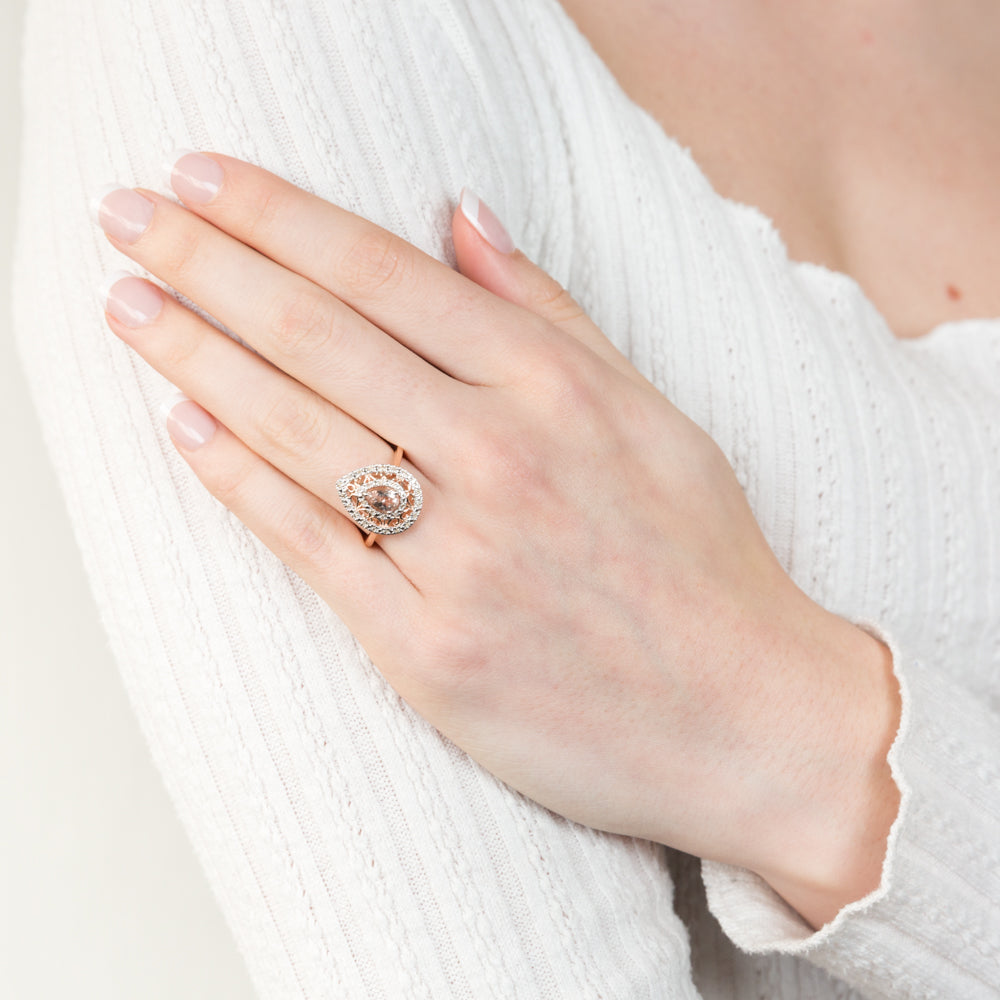 9ct Rose Gold Diamond & Oval Natural Morganite Pear Ring – Elegant Engagement, Wedding, or Anniversary Jewelry Gift for Her