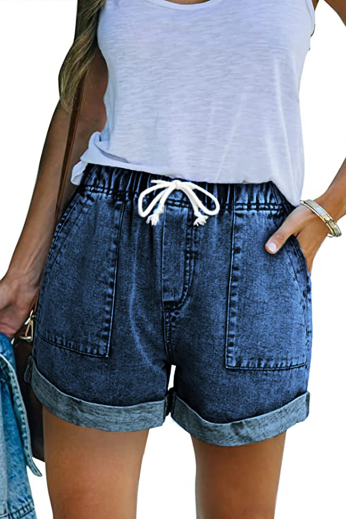 SMENG Women's High Waist Denim Shorts with Pockets - Soft Cotton Stretch Jean Shorts for Summer, Casual Outfits & Beach Wear
