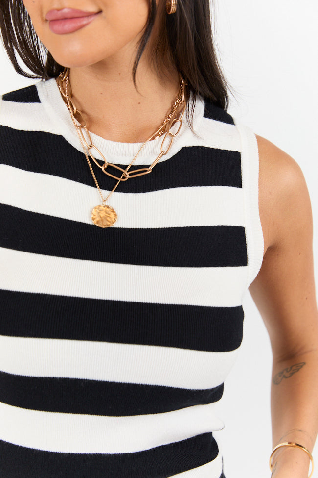 Black Striped Crew Neck Sweater Tank Top for Women - Stylish Casual Summer Tops for Travel, Beach & Everyday Wear