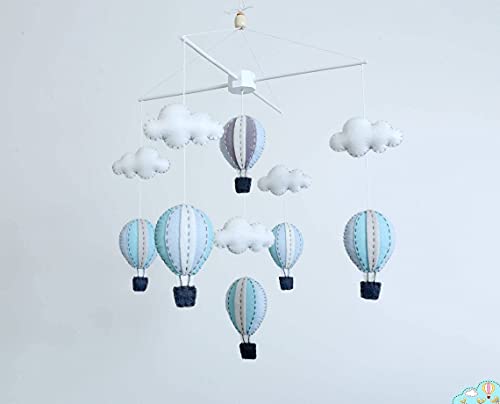 Handmade Pastel Blue and Grey Hot Air Balloons Baby Mobile - Soft Felt Nursery Decor for Newborns & Toddlers - Perfect for Cribs, Playrooms, and Baby Showers