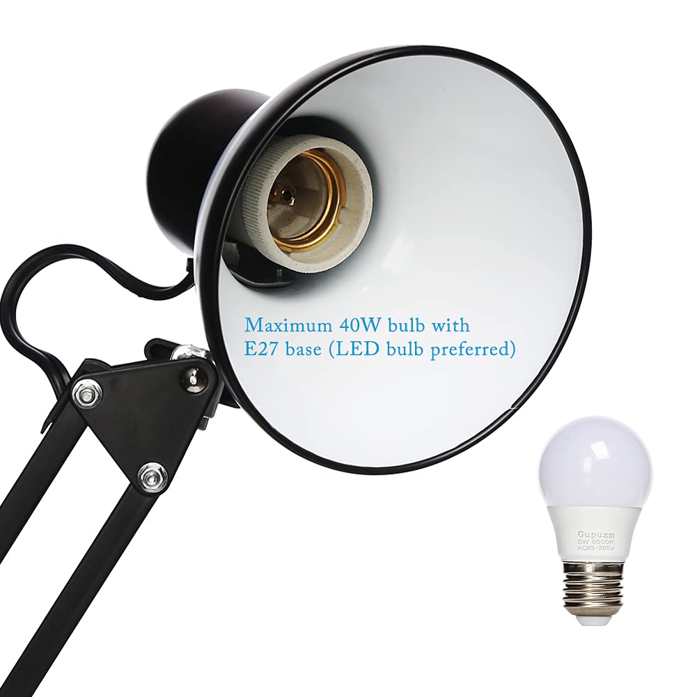 LED Desk Lamp with Clamp - Adjustable Swing Arm Task Light with 6500K Cool White Bulb - Foldable Office Lamp for Studying, Reading, Computer Work & Eye Protection (Black) - Perfect for Home Office, Dorm Room & Workspace Lighting