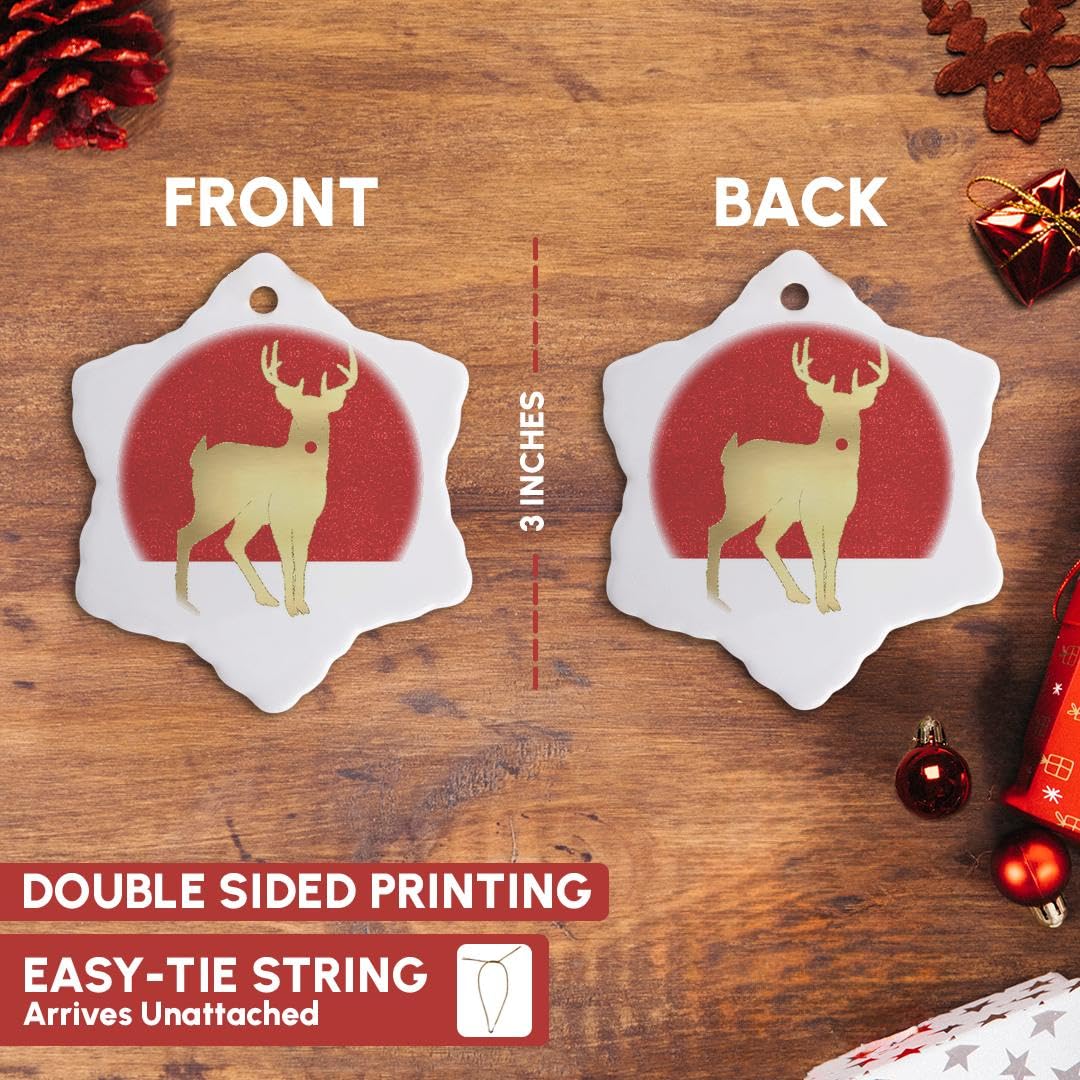 3D Christmas Ornament - 3-Inch Porcelain Red Nosed Reindeer with Gold & Red Snowflake Design | Holiday Tree Decor for Xmas, Winter Home Decor, Gift Idea