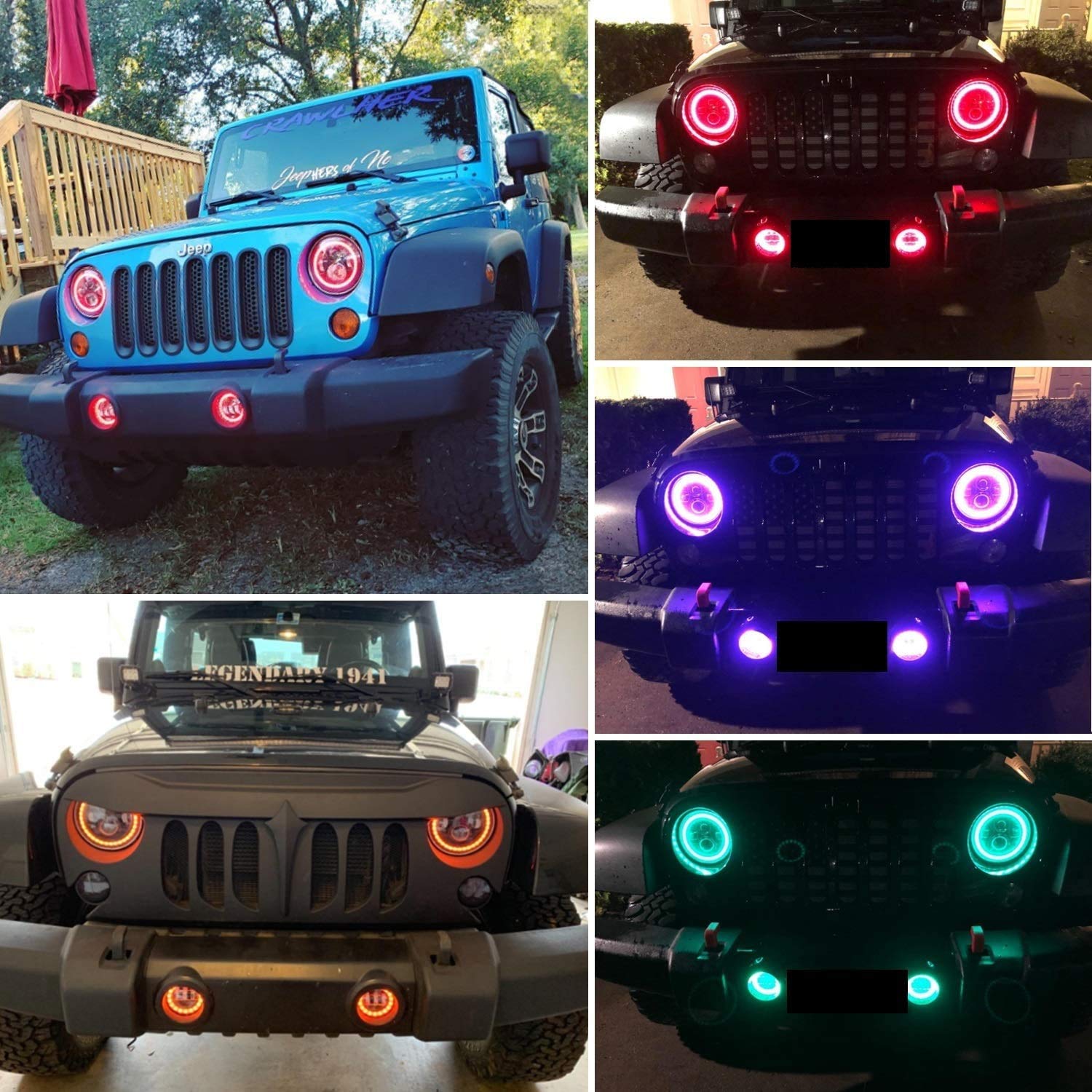 YEEGO DIRECT 7 Inch LED Headlight with RGB Halo & 4 Inch RGB Fog Lights for Jeep Wrangler 1997-2018 (JKU, JK, TJ, LJ) - DOT Approved, Bluetooth APP Control, Custom Colors - Off-Road, Night Driving, Car Customization