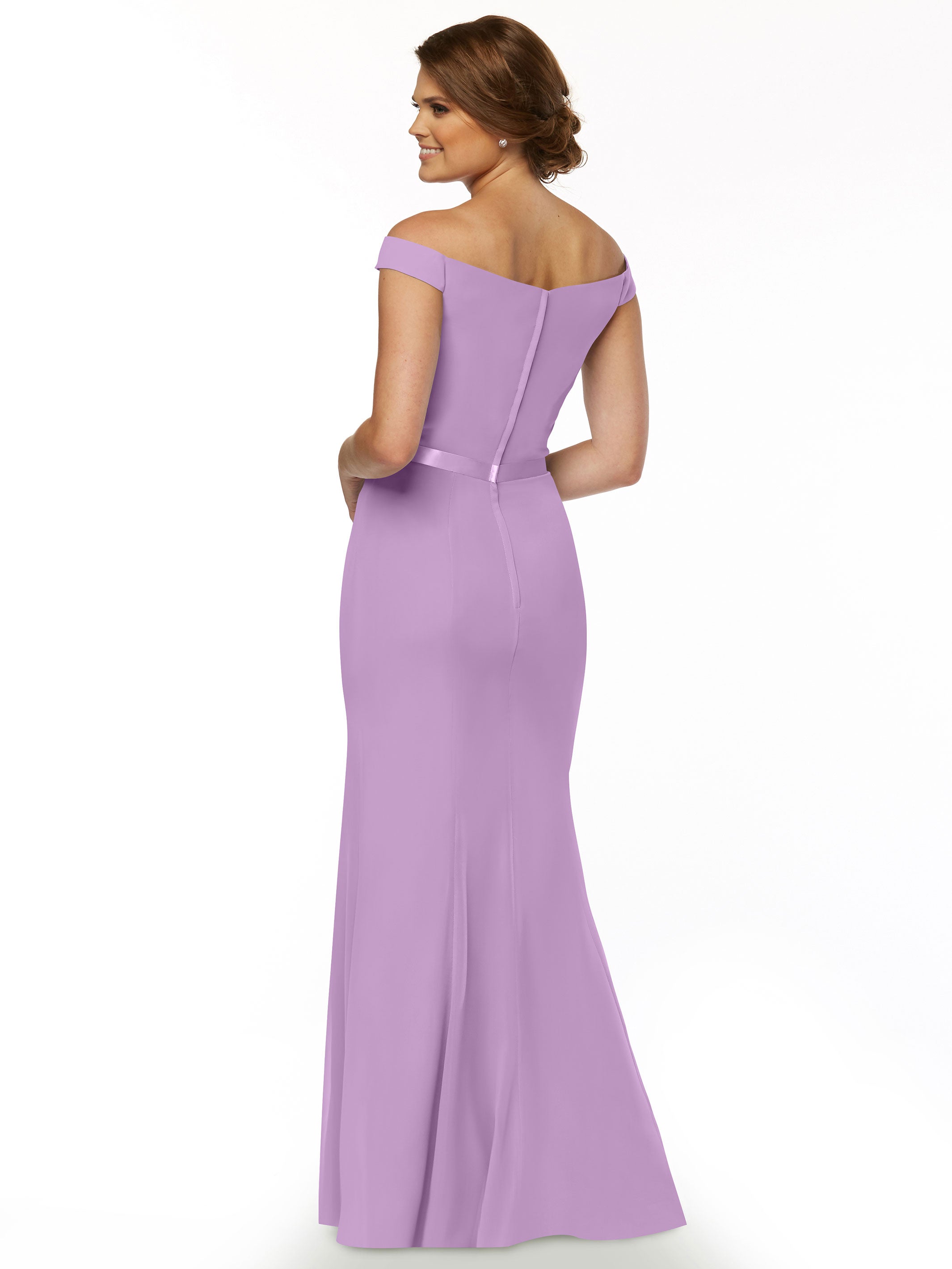Elegant Off-The-Shoulder Chiffon Bridesmaid Dress with Ribbon Belt - Flowy Fit & Flare Design for Weddings, Parties & Special Occasions | Style #80079