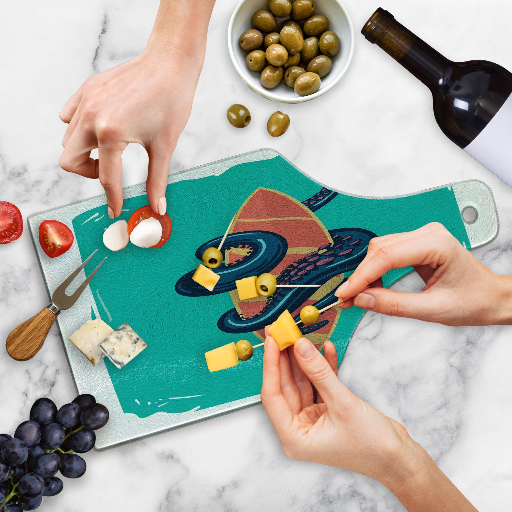 Lunarable Octopus Cutting Board - Tempered Glass Serving Board with Water Sports Retro Design, Wine Bottle Shape in Teal & Orange - Perfect for Kitchen Prep, Charcuterie, and Party Entertaining