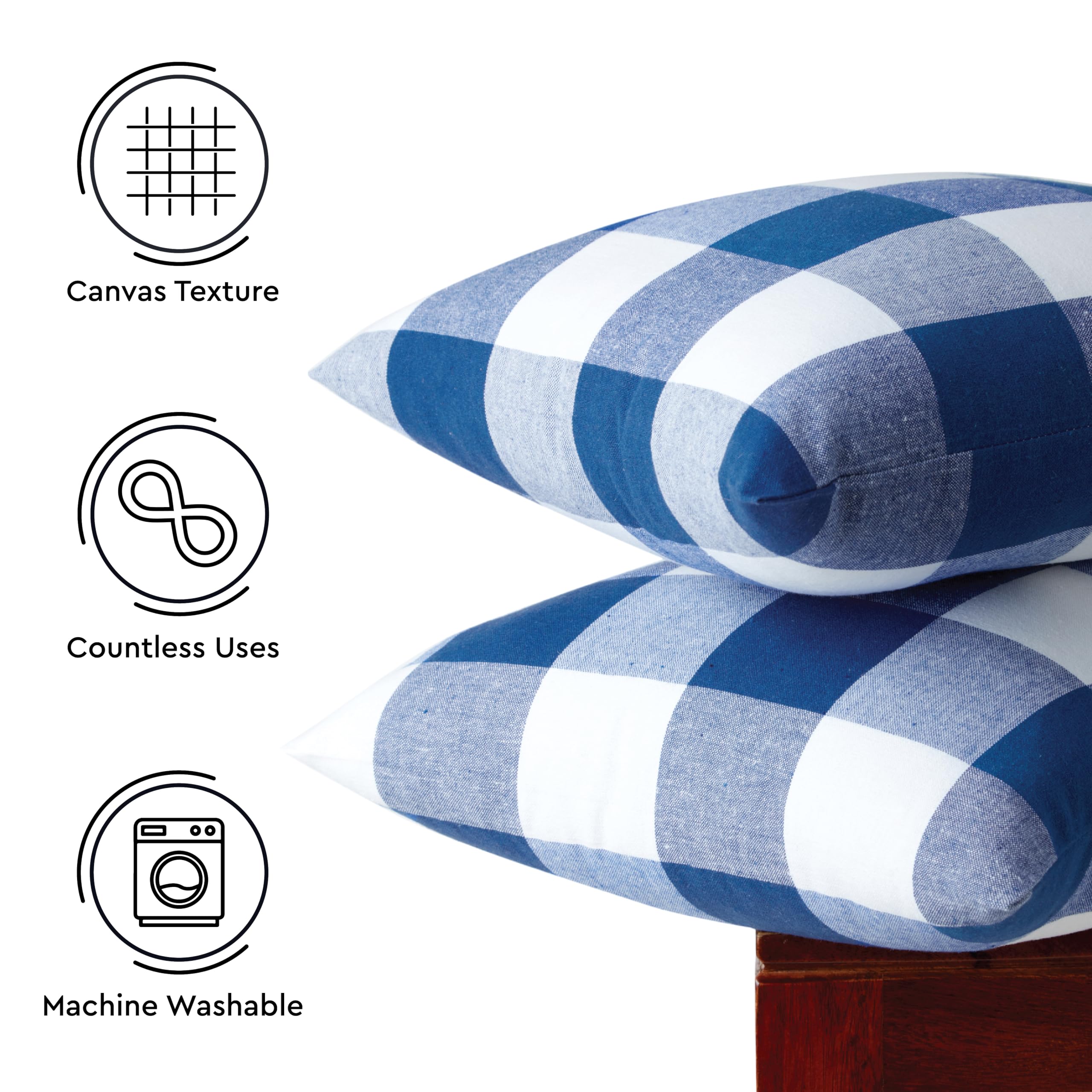 Encasa XO Farmhouse Throw Pillow Covers Set of 2 - 18x18 Inch Buffalo Blue Checkered & Striped Decorative Cushion Covers (No Inserts) for Living Room, Sofa, Couch, Bedroom - Cozy Home Decor Accent