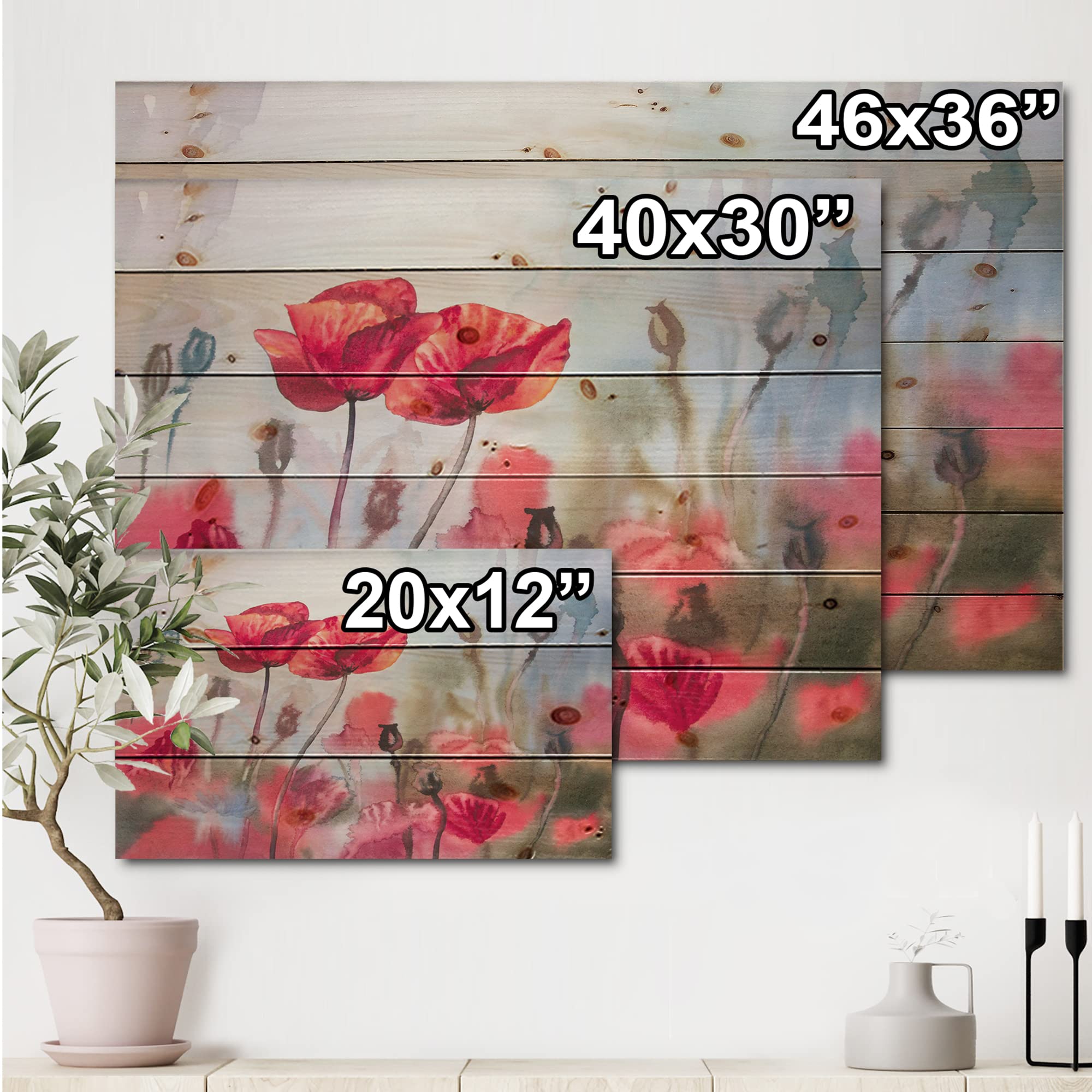 DesignQ Blossoming Poppies Wood Wall Art - Traditional Floral Wall Decor, Large Red Poppy Meadow Painting on Natural Pine Wood Panel - Perfect for Living Room, Bedroom & Farmhouse Decor