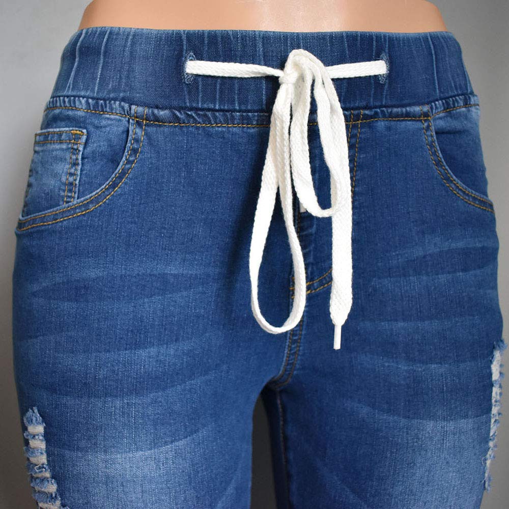 Aodrusa Women's Ripped Jeans - Distressed Skinny Pants with Drawstring Elastic Waist & Stretch Fabric, Ankle Length for Casual Wear, Street Style & Everyday Outfits
