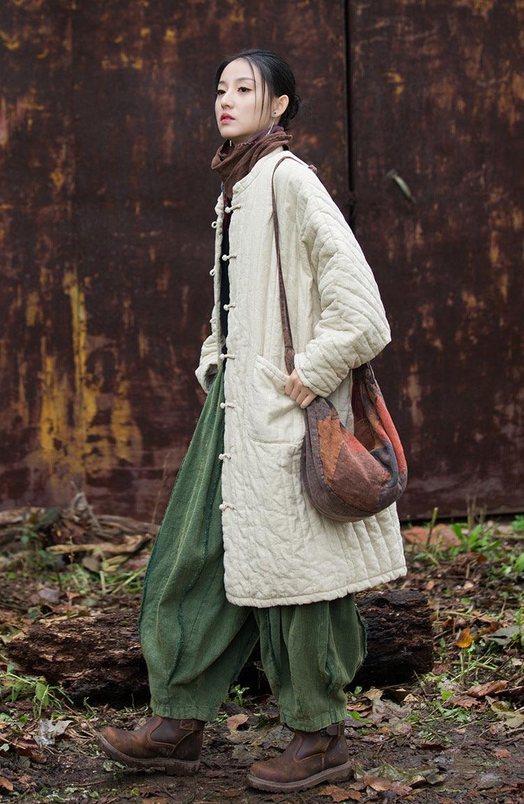 Vintage Women's Ramie Cotton Long Coat - Warm Winter Outerwear Jacket for Casual, Office & Travel