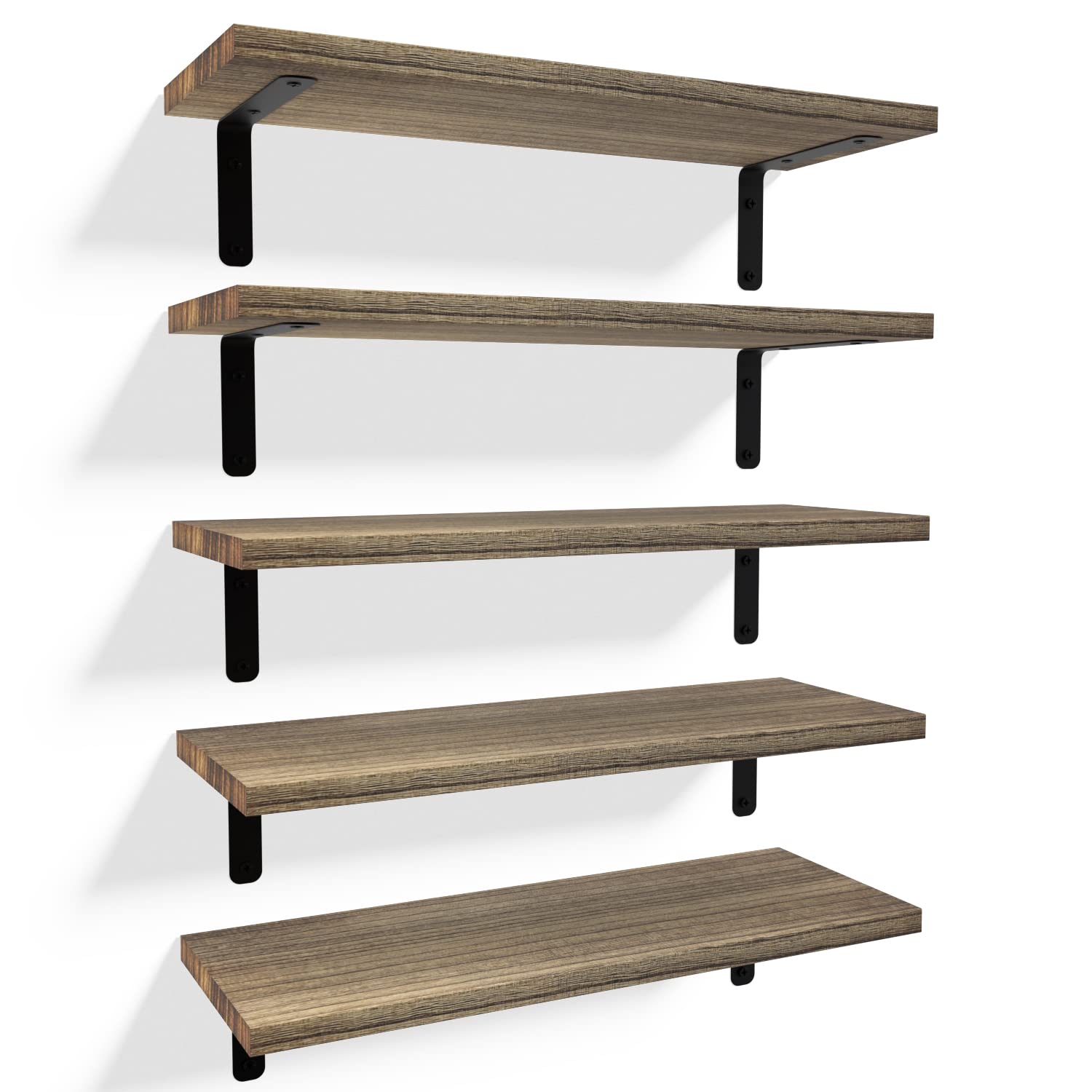 RICHER HOUSE Set of 5 Rustic Wood Floating Shelves - Farmhouse Style Wall Decor for Bathroom, Bedroom, Kitchen & Living Room | Carbonized Black | Perfect for Home Storage & Displaying Decorative Items
