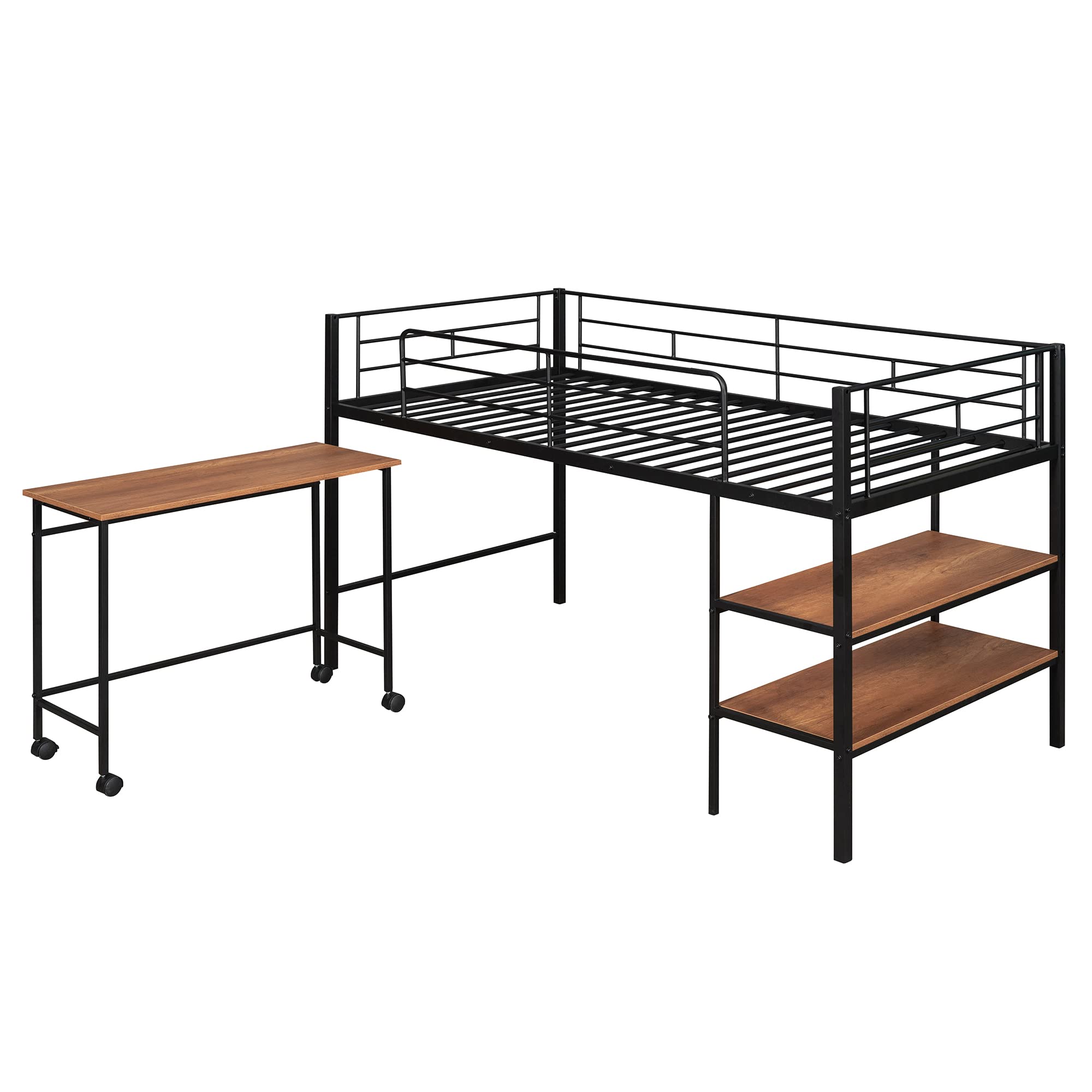 Twin Metal Bunk Bed with Rolling Desk & Ladder - Space Saving Loft Bed for Kids & Teens with 2 Shelves - Perfect for Small Bedrooms, Dorms & Shared Kids Rooms