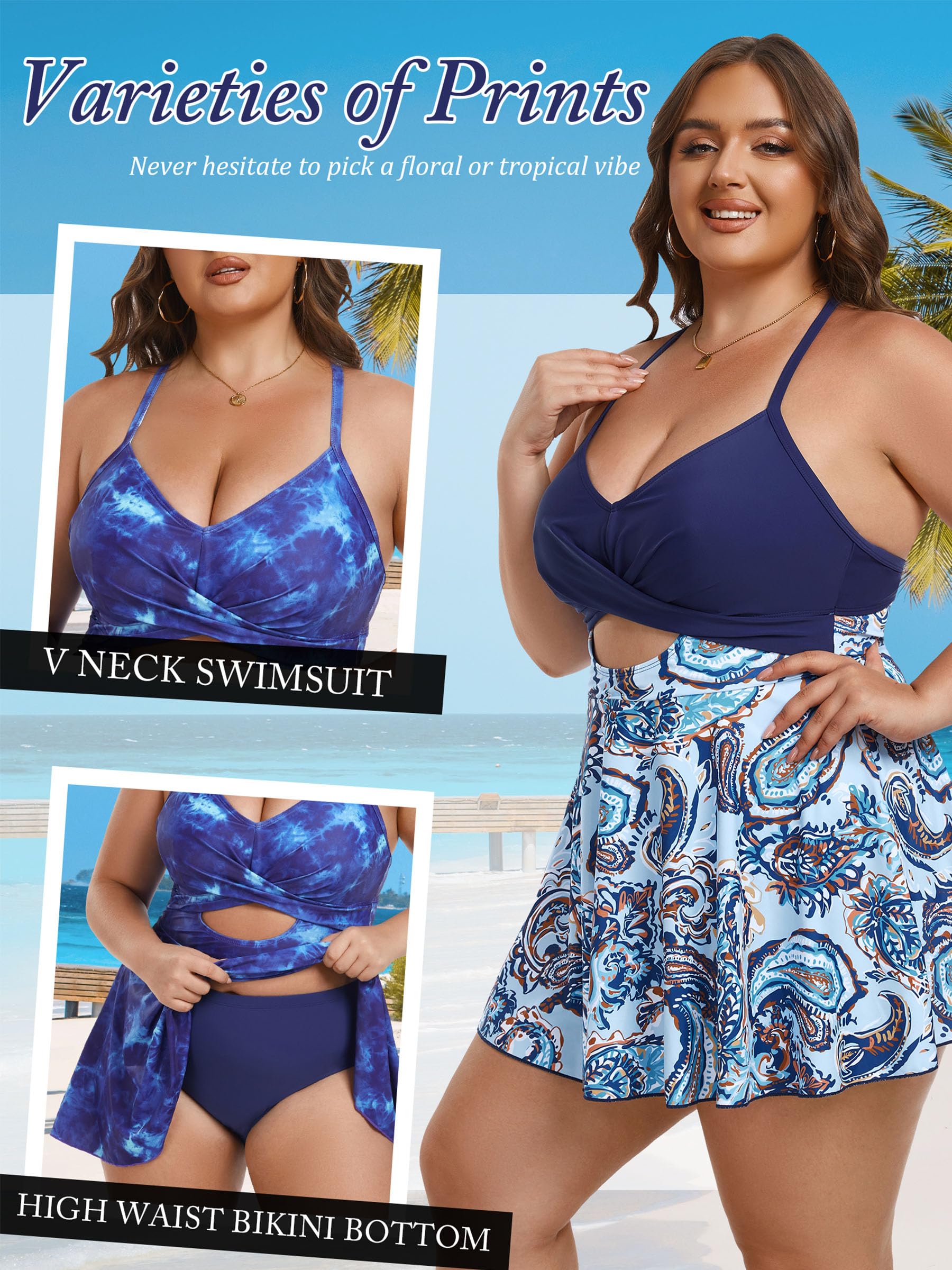 AOVDE Plus Size Women's Swimsuits 2-Piece Tankini Swim Dress with Shorts - Flowy Bathing Suit for Beach, Pool & Vacation