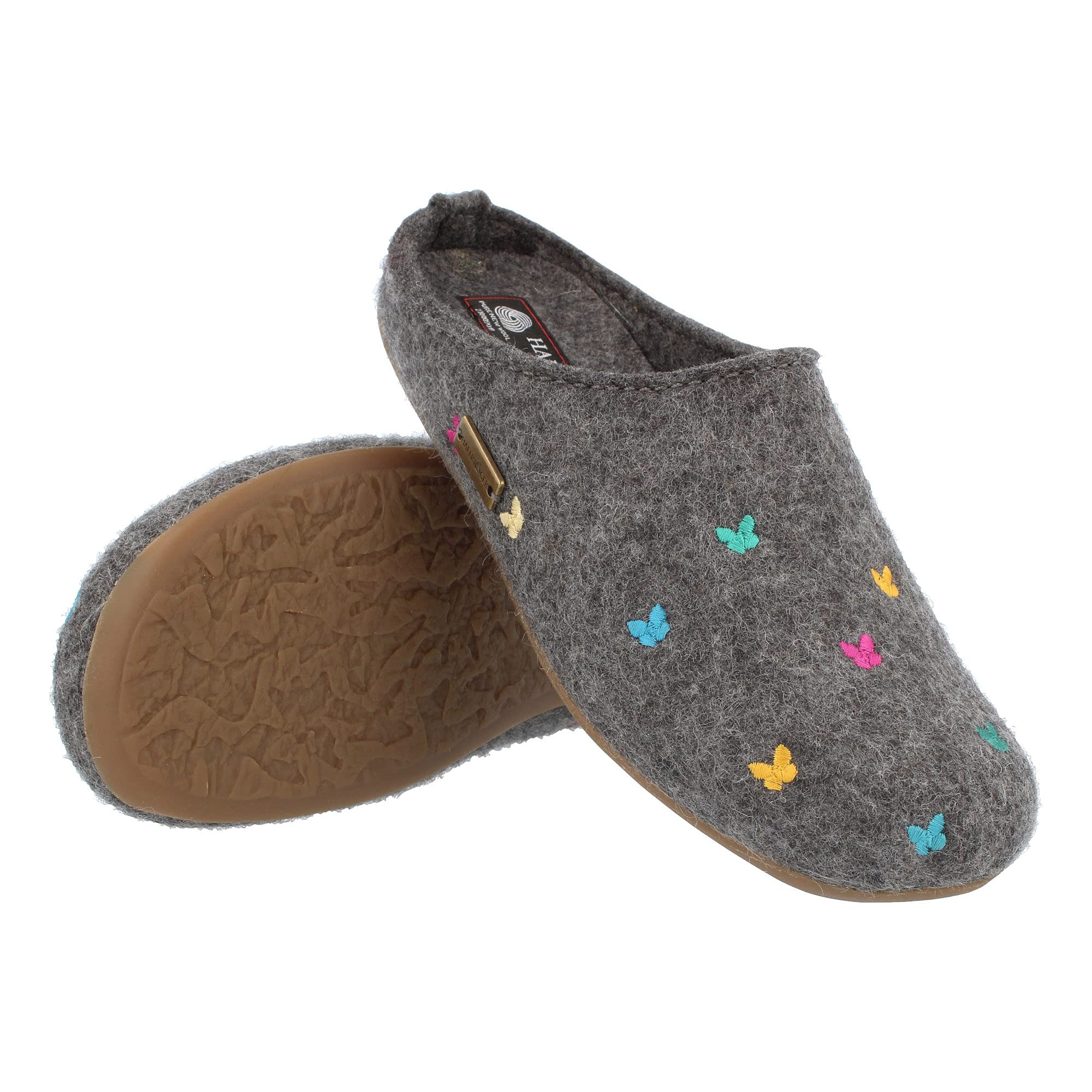 HAFLINGER Women's Wool Felt Butterfly Mule Slippers - Soft Indoor/Outdoor House Shoes for Women & Men - Cozy Home, Office & Garden Comfort Footwear