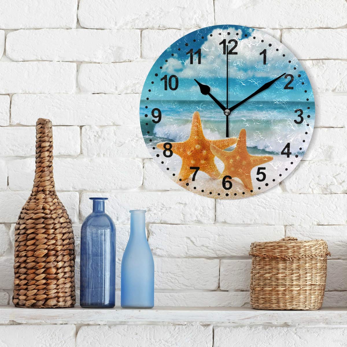 SUABO 9.5 Inch Silent Non-Ticking Bathroom Wall Clock - Waterproof Starfish Decor for Bathroom, Living Room, Bedroom & Office - Perfect for Coastal, Beach House and Nautical Theme Decorations