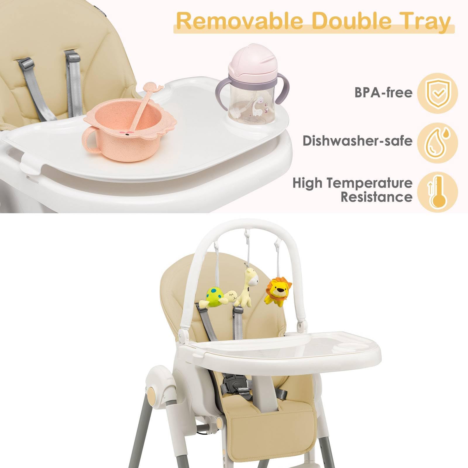 Maxmass 4-in-1 Foldable Baby High Chair with 5-Point Safety Harness, Removable Dual Tray & Cushion - Adjustable Infant Feeding Seat with Toy Bar & Wheels for Toddlers 6-36 Months (Beige) | Perfect for Dining, Playtime & Travel