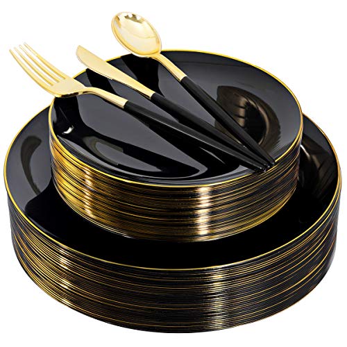 150pcs Black and Gold Plastic Dinnerware Set