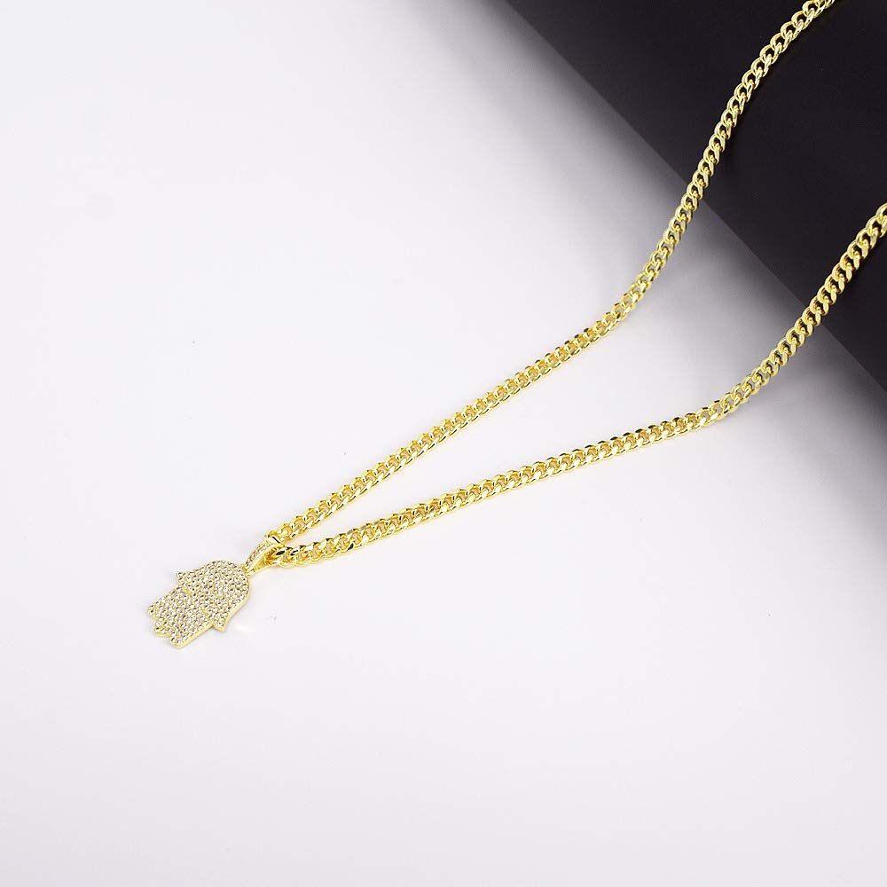 18K Gold Plated Cuban Link Chain & Iced Out Hamsa Evil Eye Charm Set - Hip Hop Jewelry for Men | Gift for Birthday, Anniversary & Special Occasions | Perfect for Streetwear, Rap Culture & Fashion Accessories