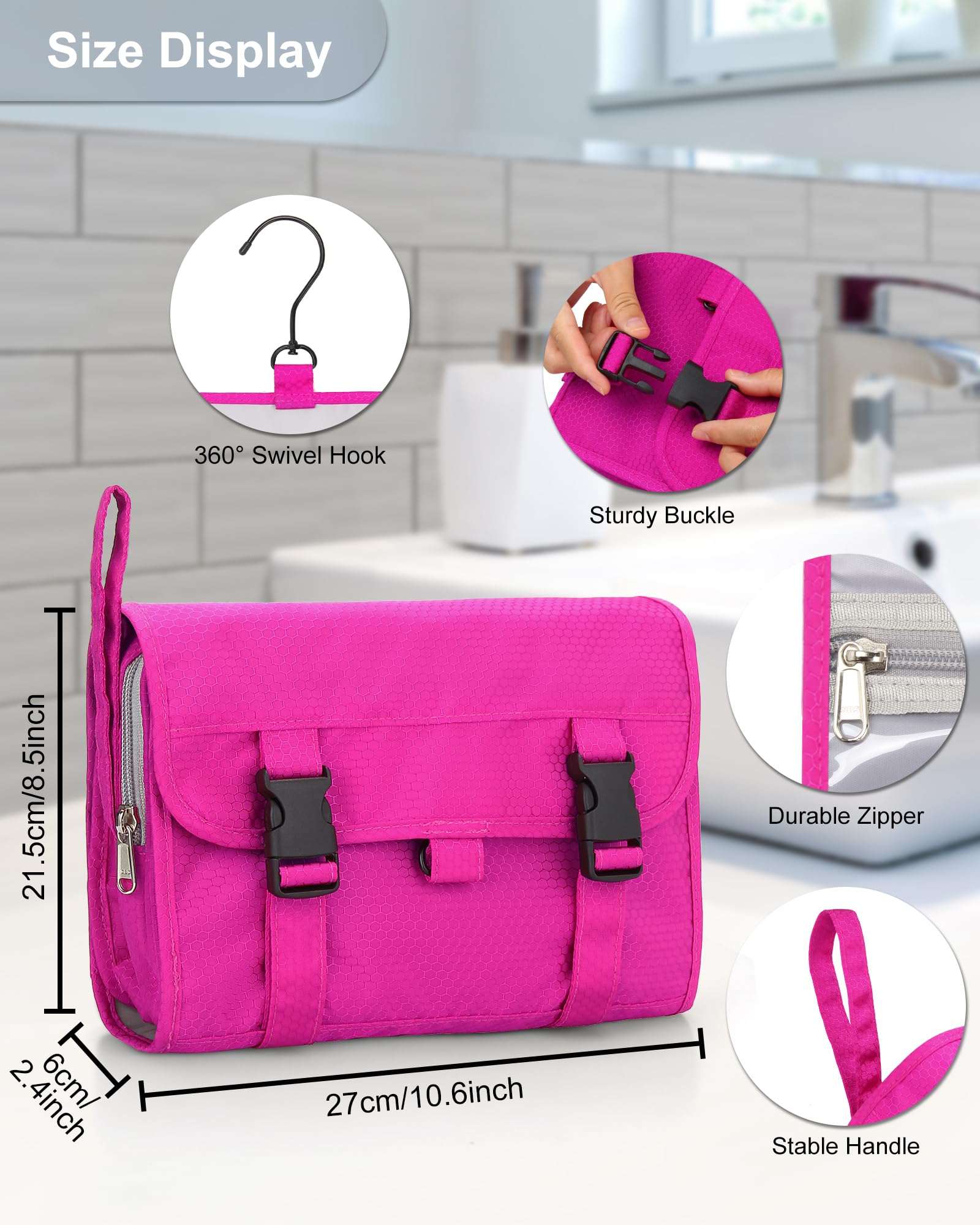 Relavel Hanging Travel Toiletry Bag for Women - Large Waterproof Cosmetic Organizer with Multiple Pockets, Pink Hanging Makeup Bag for Bathroom & Shower Essentials - Perfect for Travel, Camping & Gym Use