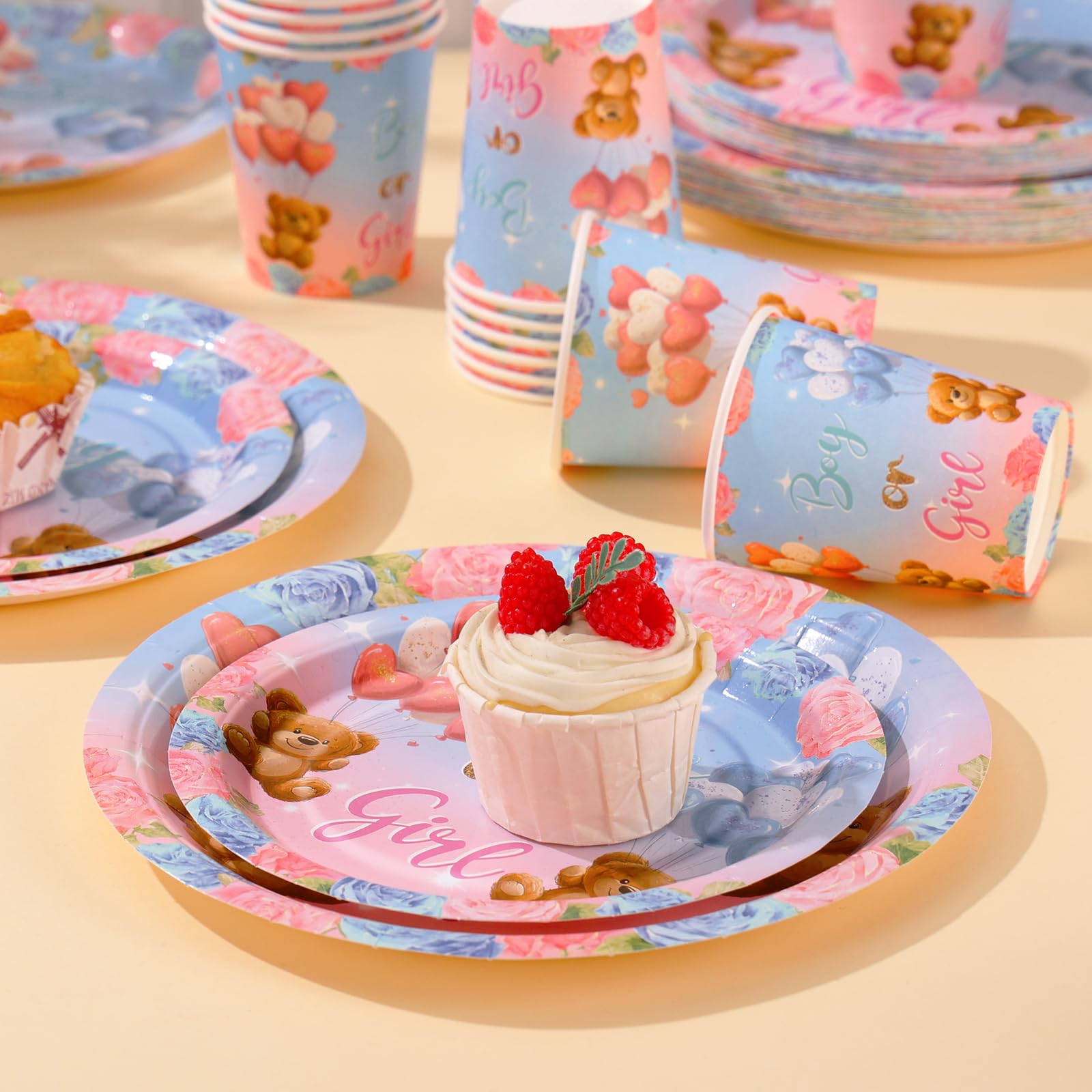 Baby Bear Gender Reveal Party Supplies Set - 24-168PCS Plates, Cups & Napkins for Gender Announcement Celebrations | Perfect for Baby Showers, Nursery Decor & Social Media Reveals