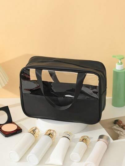 Salepush Clear Travel Toiletry Bag - Transparent Cosmetic Organizer with Handle for Women & Men | Waterproof Makeup Pouch for Airplane, Gym, Beach Essentials (Medium, Black)